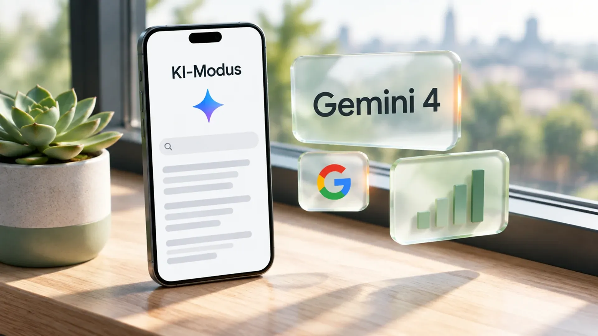 Smartphone auf einer Holz-Fensterbank mit dem Wort KI-Modus und einem Stern-Symbol, daneben Glaskarten mit Gemini 4, Google-Logo und Balkendiagramm