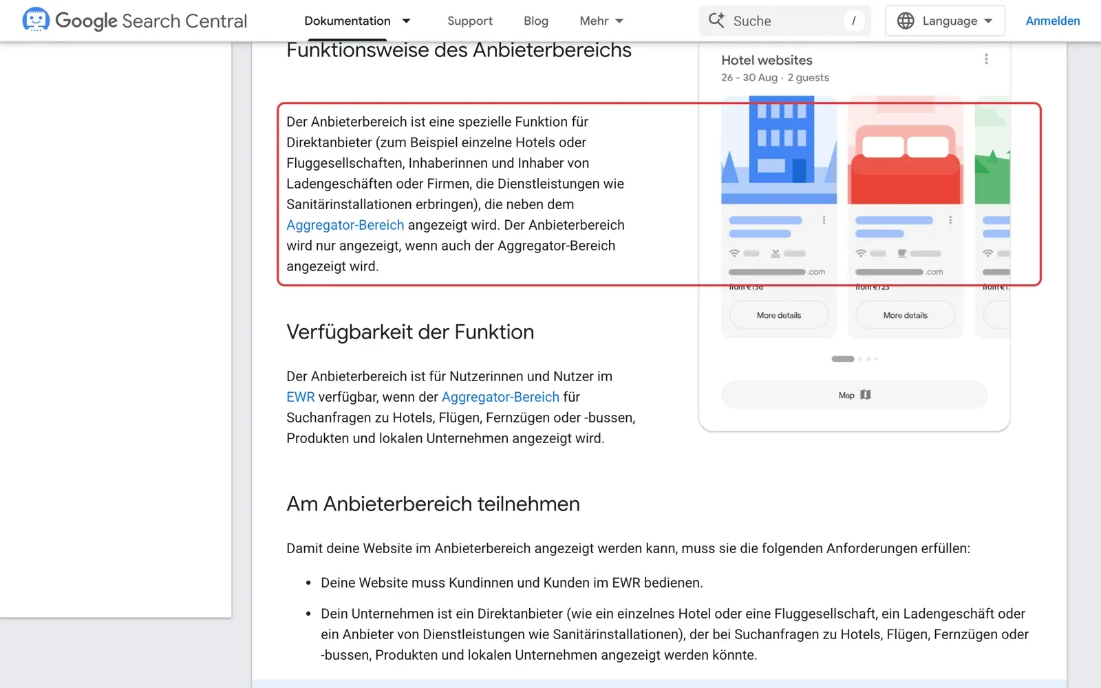 Google-Dokumentation zum Anbieterbereich mit Beispielgrafik und den Voraussetzungen zur Teilnahme
