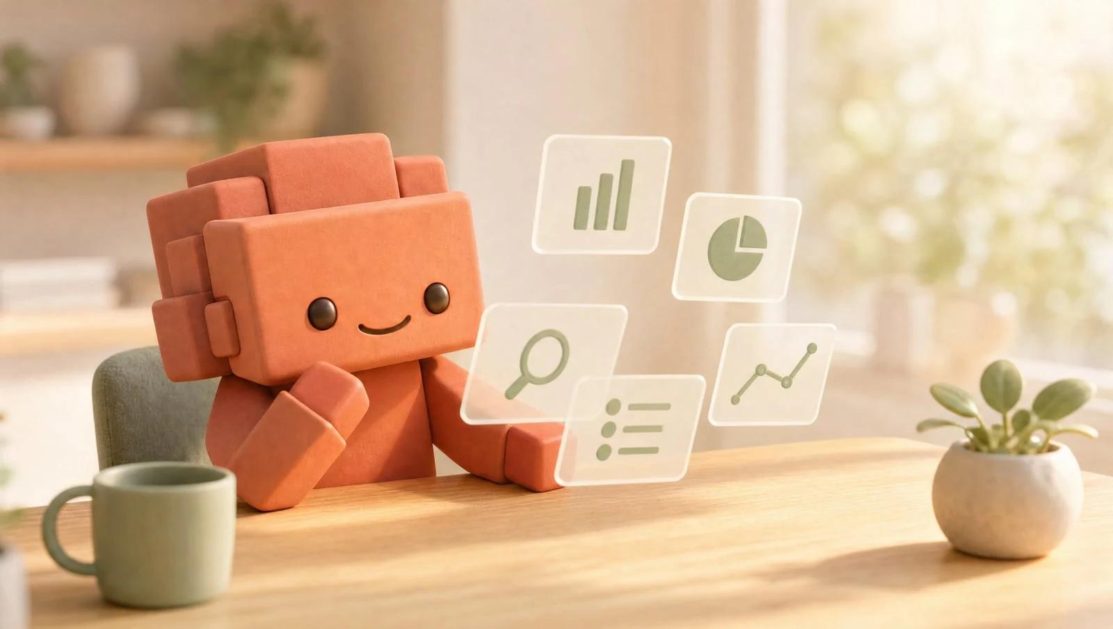 Figur am Schreibtisch, um sie herum schweben Symbole für Auswertung, Inhalte und Suche