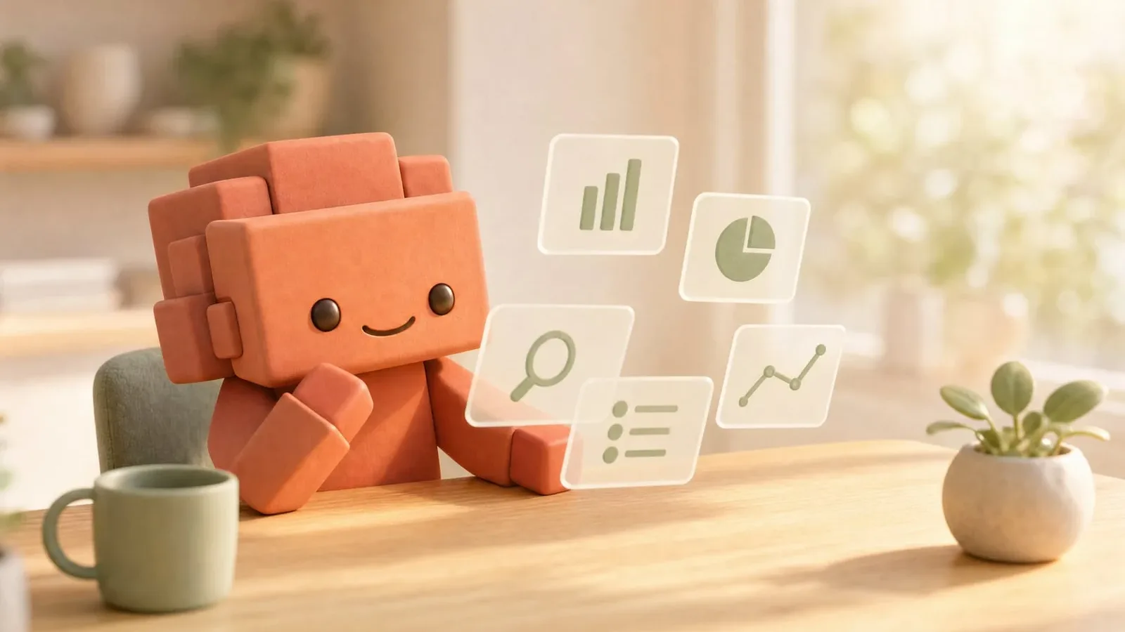 Figur am Schreibtisch, um sie herum schweben Symbole für Auswertung, Inhalte und Suche