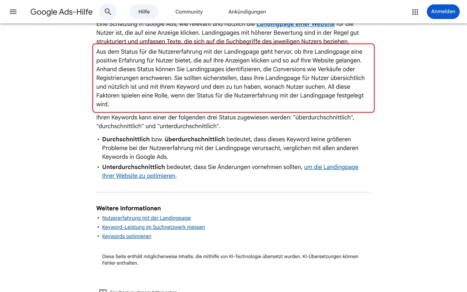 Google-Ads-Hilfe zur Nutzererfahrung mit der Landingpage mit markiertem Absatz, dass die Seite zum Keyword und zur Suche passen soll