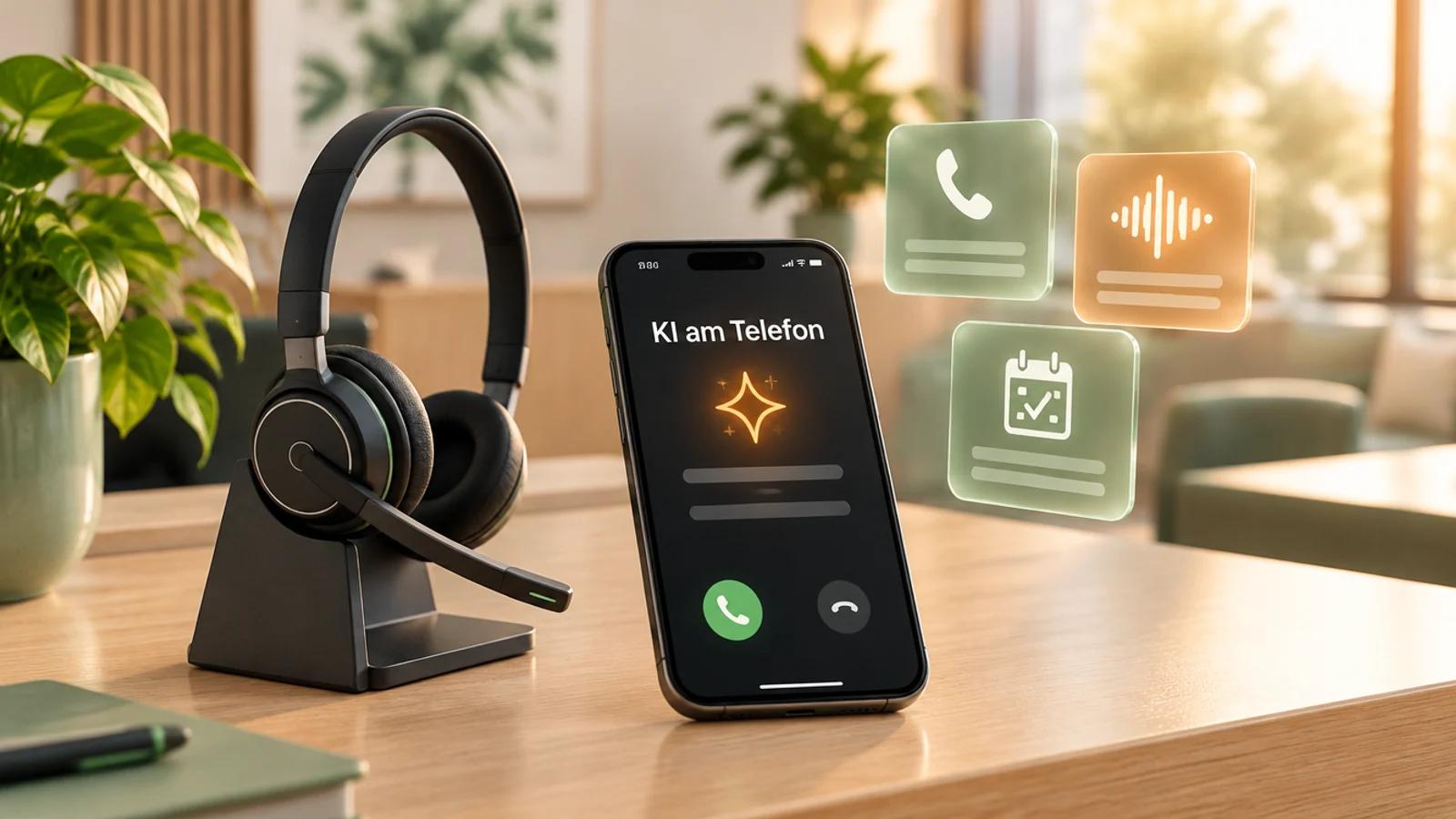 Headset auf einem Empfangstresen, daneben ein Smartphone mit eingehendem Anruf und KI-Symbol