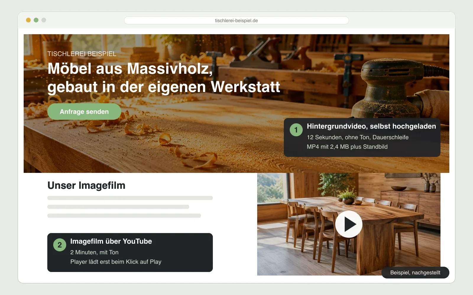 Nachgestellte Startseite einer Tischlerei: oben ein Hintergrundvideo aus der Werkstatt mit dem Hinweis selbst hochgeladen, darunter ein Imagefilm mit Play-Knopf, der über YouTube erst beim Klick lädt
