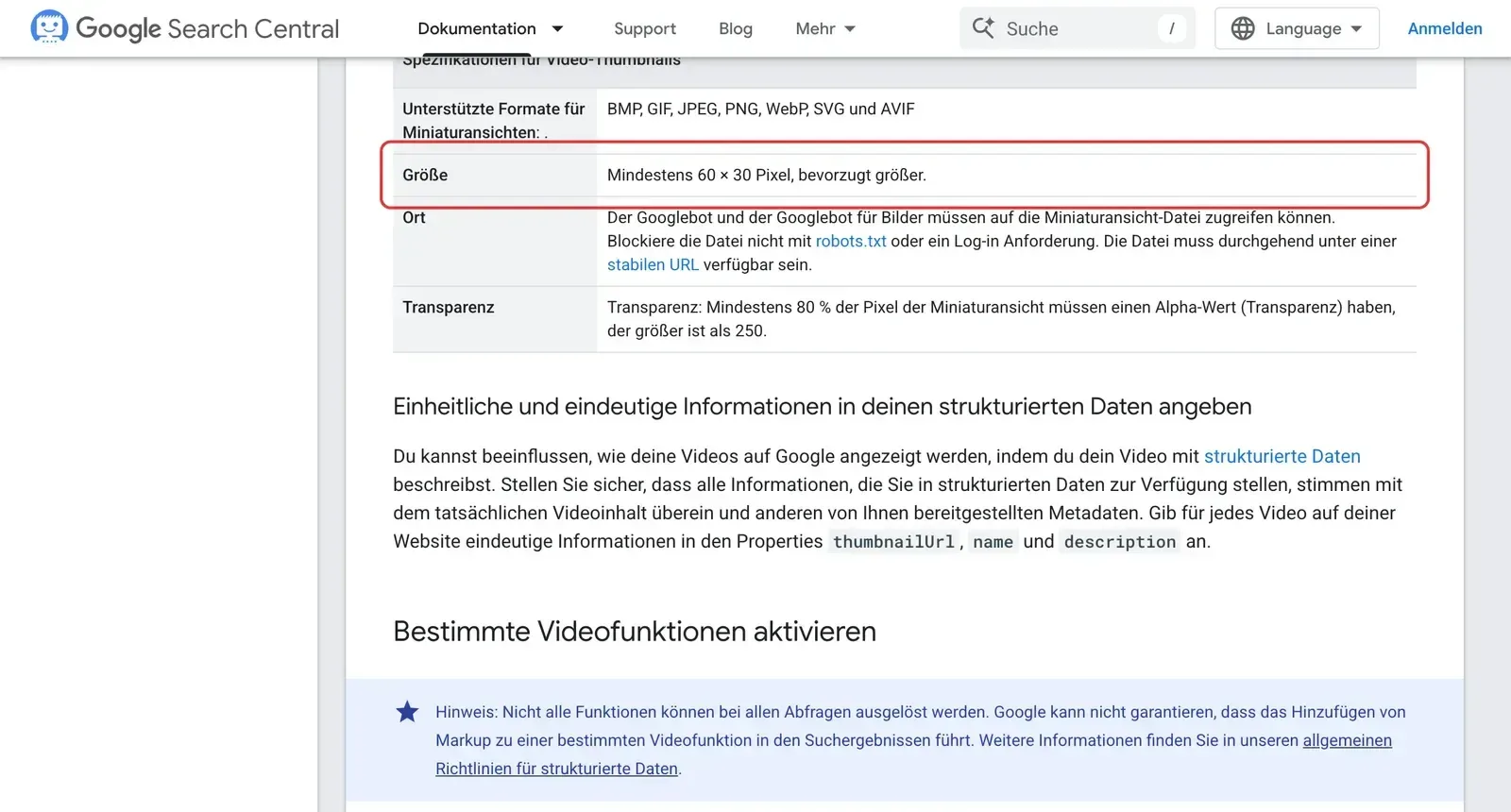Tabelle von Google Search Central mit den Anforderungen an Video-Thumbnails, die Zeile zur Mindestgröße von 60 mal 30 Pixeln ist rot umrahmt