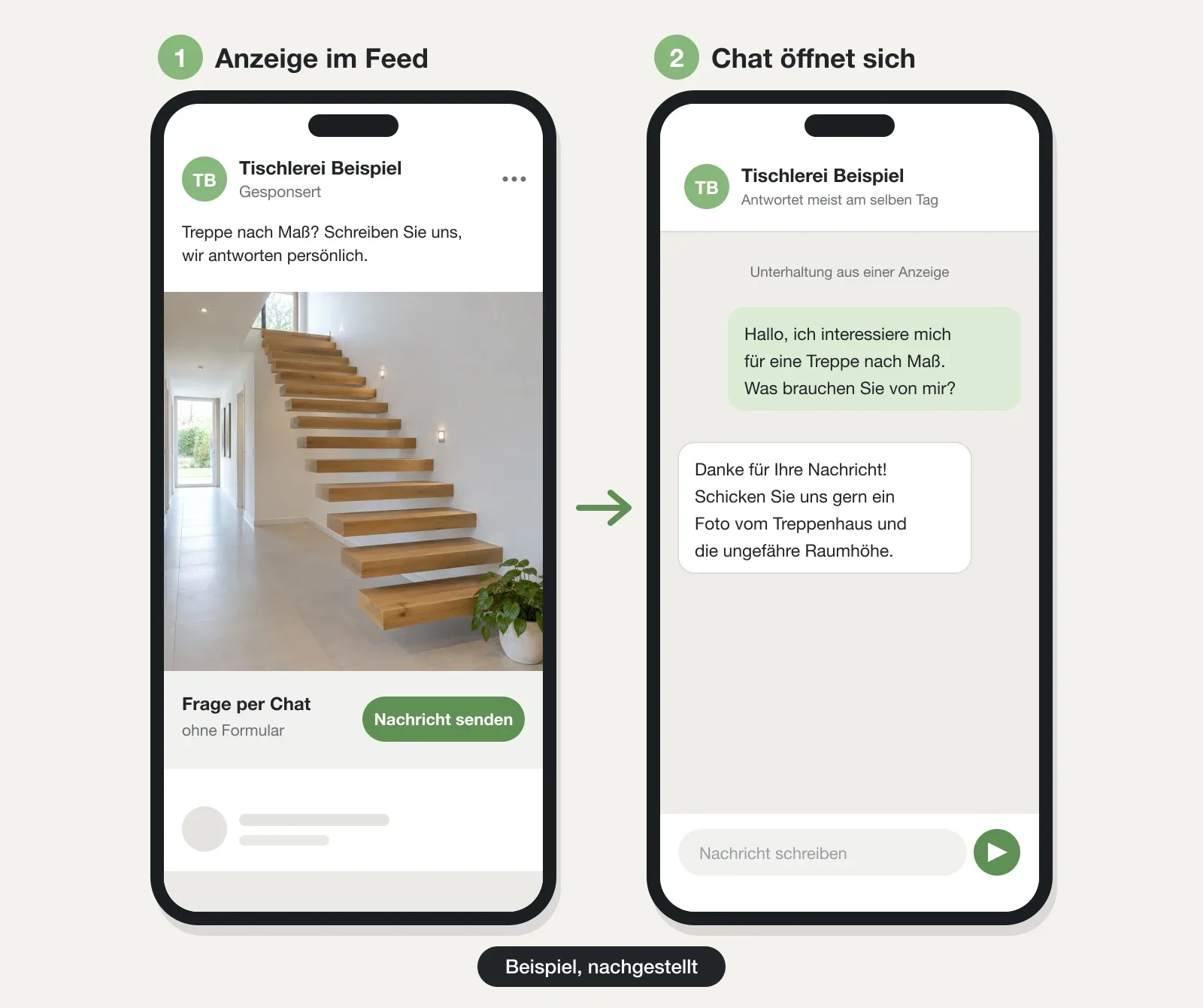 Beispiel einer Click-to-Message-Anzeige für eine Tischlerei mit Holztreppe, daneben der geöffnete Chat mit erster Anfrage und Antwort