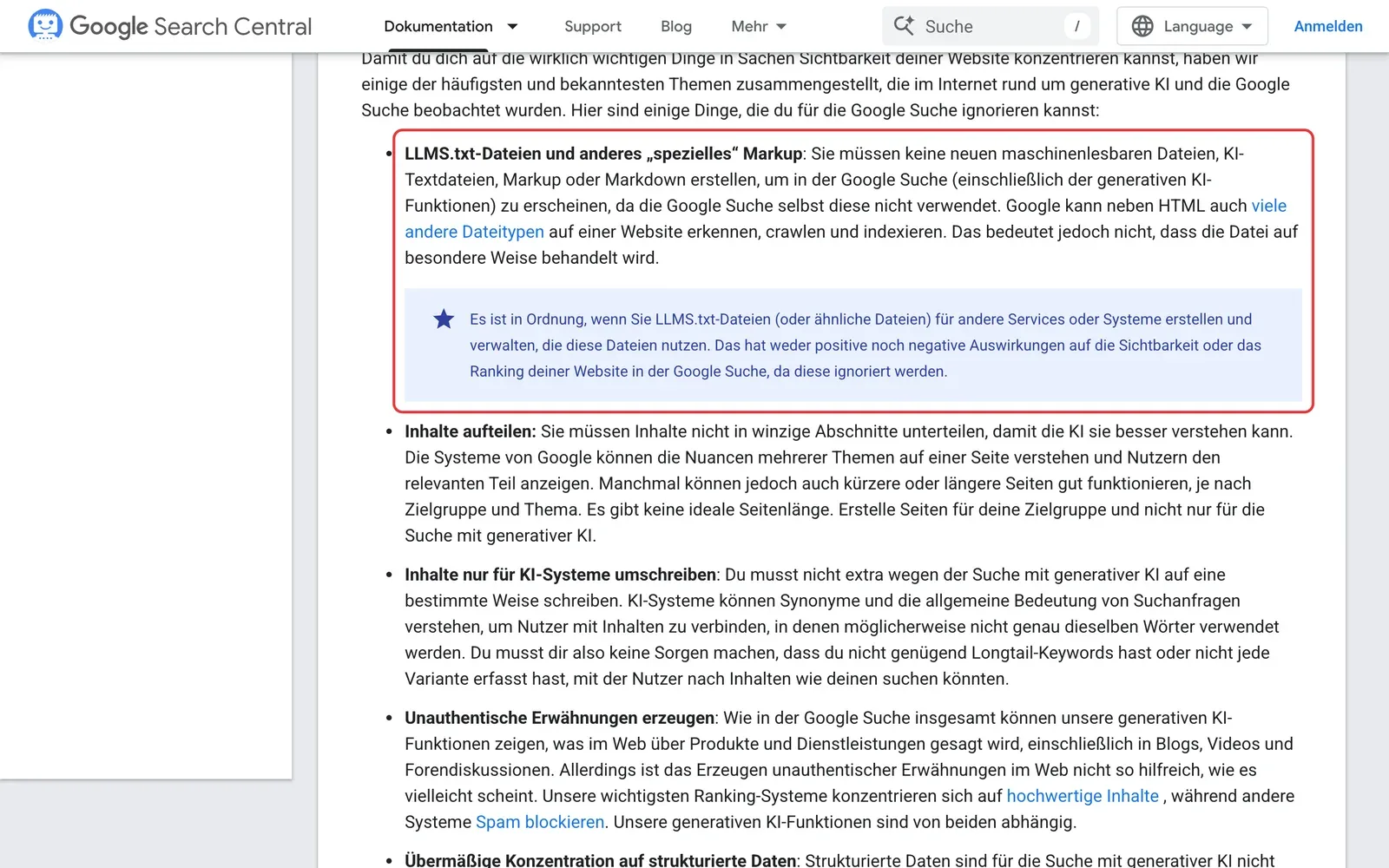 Google Search Central, Leitfaden zur Suche mit generativer KI: der Punkt zu LLMS.txt-Dateien und speziellem Markup samt Hinweiskasten ist rot umrahmt