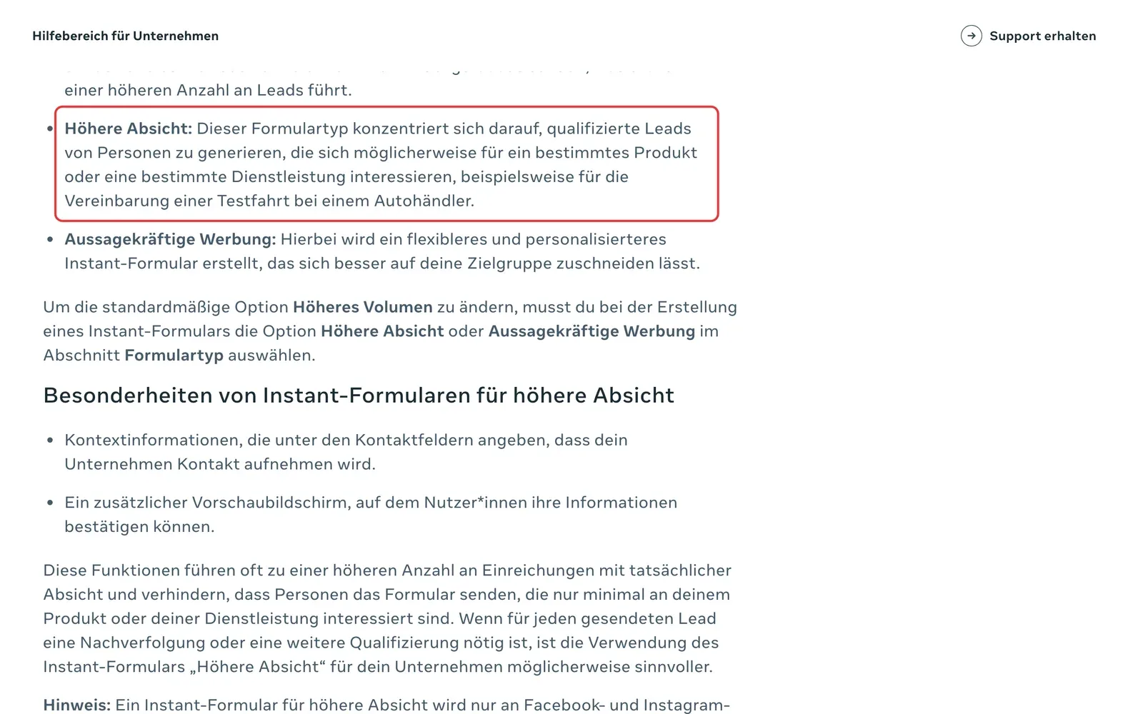 Meta-Hilfebereich zu Instant-Formularen mit der Beschreibung des Formulartyps Höhere Absicht
