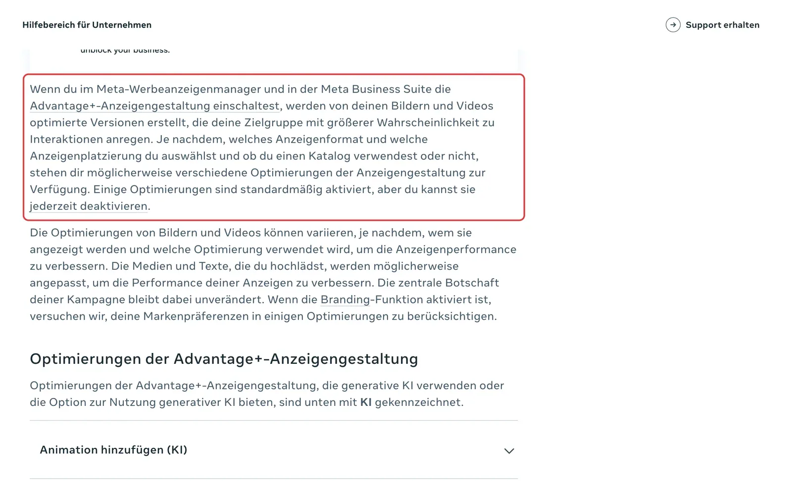 Meta-Hilfebereich: Hinweis, dass einige Optimierungen der Advantage+-Anzeigengestaltung standardmäßig aktiviert sind