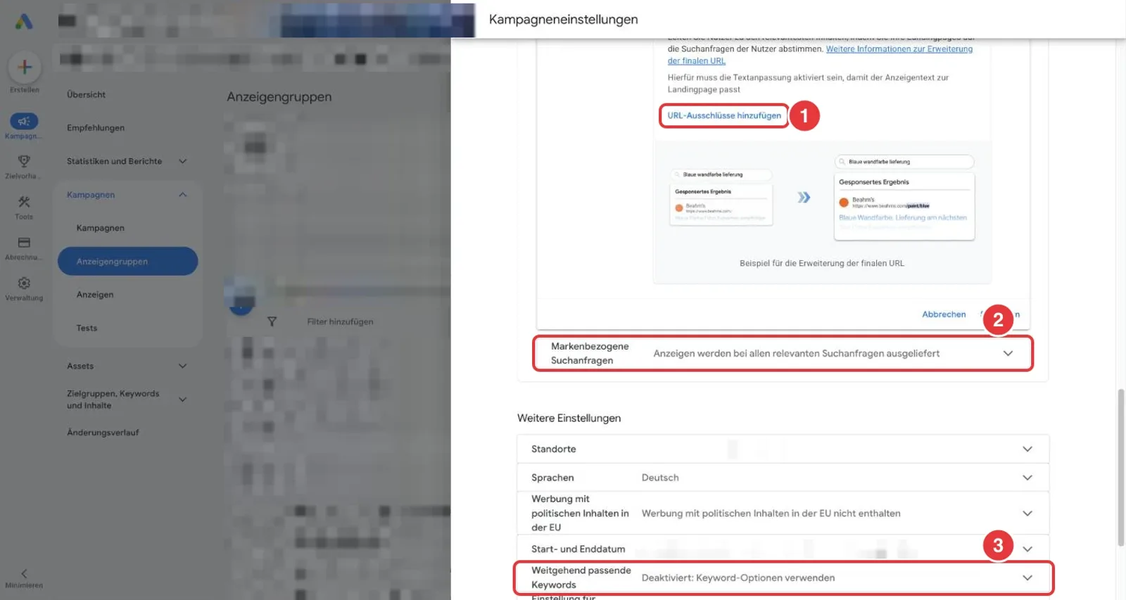 Google Ads Kampagneneinstellungen: URL-Ausschlüsse hinzufügen, Markenbezogene Suchanfragen und Weitgehend passende Keywords, Kontodaten verpixelt