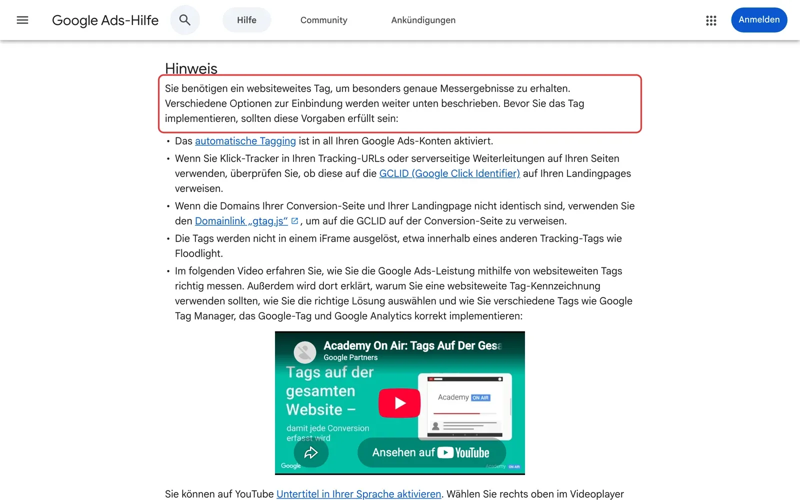 Google Ads-Hilfe zum Website-Conversion-Tracking: der Hinweis, dass ein websiteweites Tag für genaue Messergebnisse nötig ist, ist rot umrahmt, darunter die Voraussetzungen mit automatischem Tagging