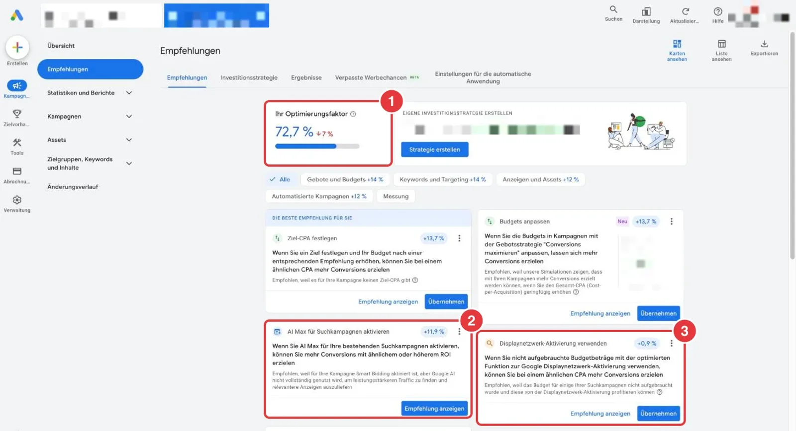Empfehlungsseite eines anonymisierten Google-Ads-Kontos mit markiertem Optimierungsfaktor und den Empfehlungen AI Max und Displaynetzwerk-Aktivierung
