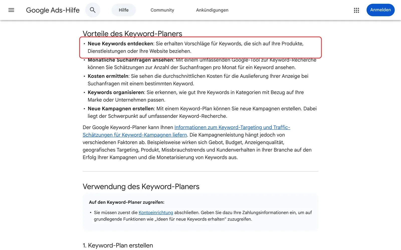 Google Ads-Hilfe Keyword-Planer, Vorteile des Keyword-Planers: der Punkt Neue Keywords entdecken ist rot umrahmt, darunter monatliche Suchanfragen, Kosten ermitteln und Keywords organisieren