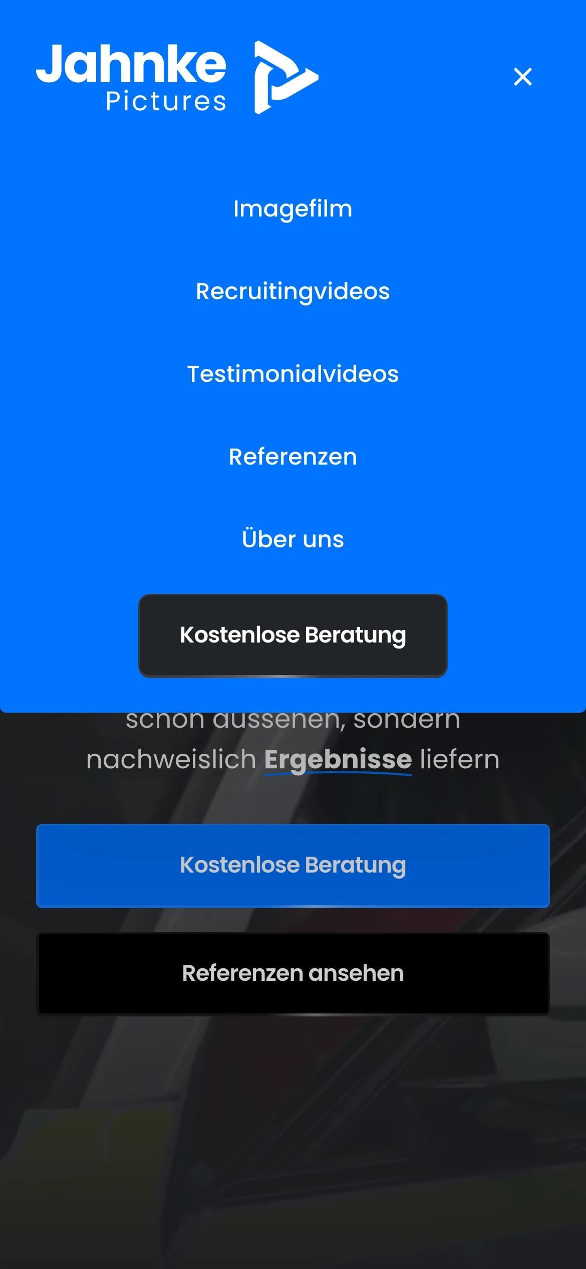 Jahnke Pictures Website – geöffnetes mobiles Menü mit der Navigation auf dem Smartphone