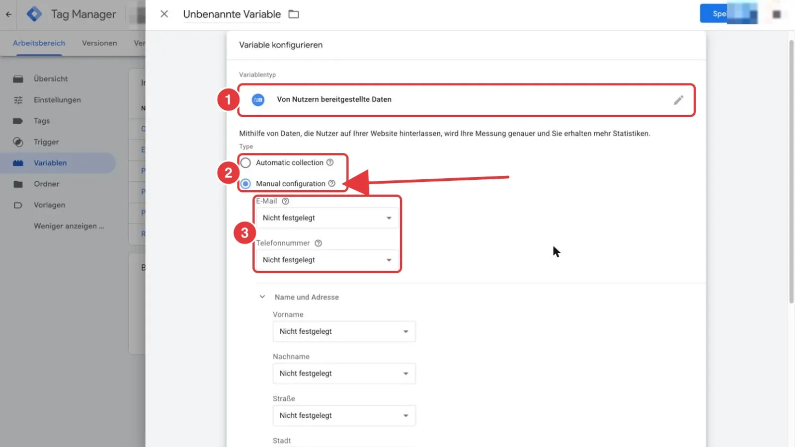 Google Tag Manager, Variable Von Nutzern bereitgestellte Daten: Variablentyp, die Wahl zwischen automatischer und manueller Erfassung sowie die Felder E-Mail und Telefonnummer sind rot markiert