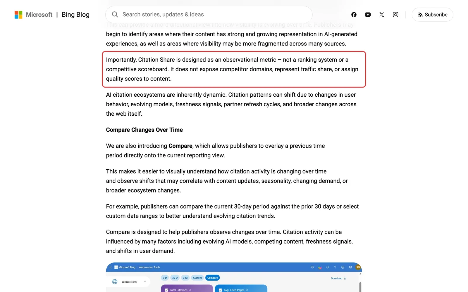 Bing-Blog zum Zitatanteil mit dem Hinweis, dass die Kennzahl kein Ranking und keine Wettbewerbsübersicht ist