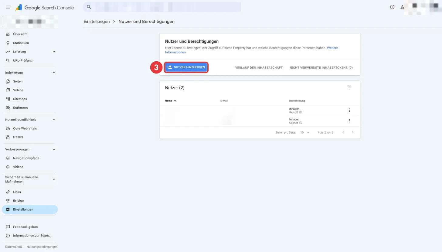 Seite Nutzer und Berechtigungen in der Search Console mit markiertem Button Nutzer hinzufügen