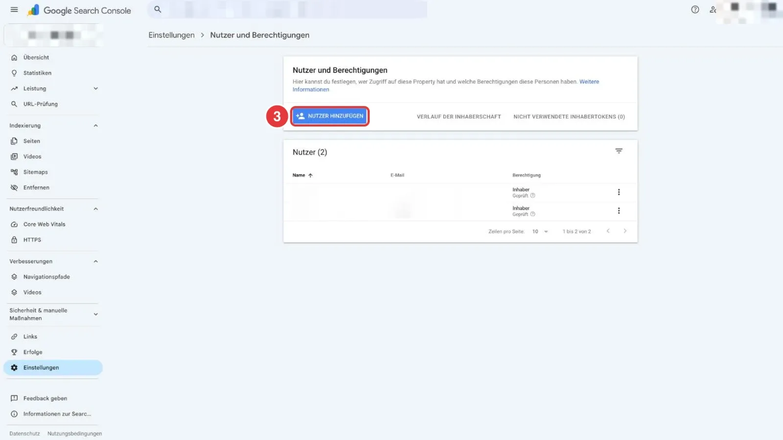 Seite Nutzer und Berechtigungen in der Search Console mit markiertem Button Nutzer hinzufügen