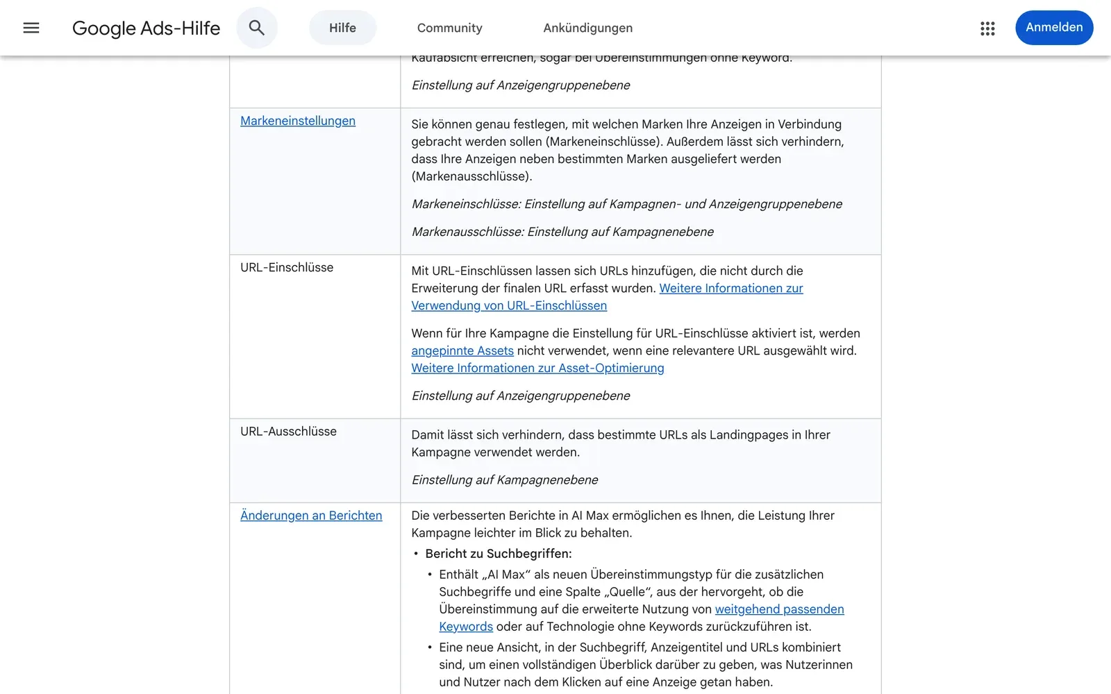 Google Ads-Hilfe: Tabelle mit Markeneinstellungen, URL-Ein- und Ausschlüssen und den Änderungen am Suchbegriffbericht für AI Max
