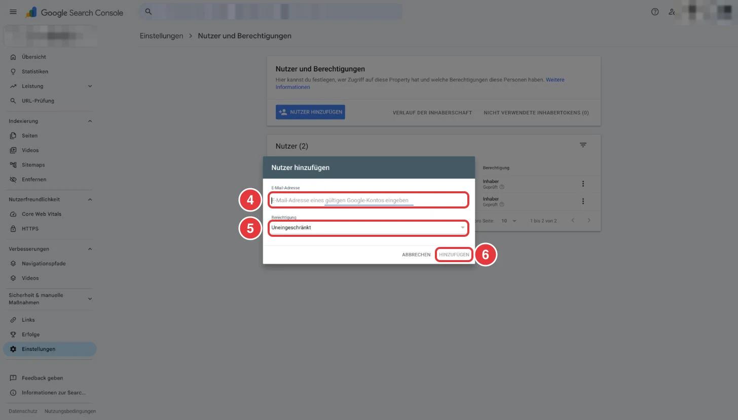 Fenster Nutzer hinzufügen in der Search Console mit E-Mail-Feld, Berechtigung und Button Hinzufügen
