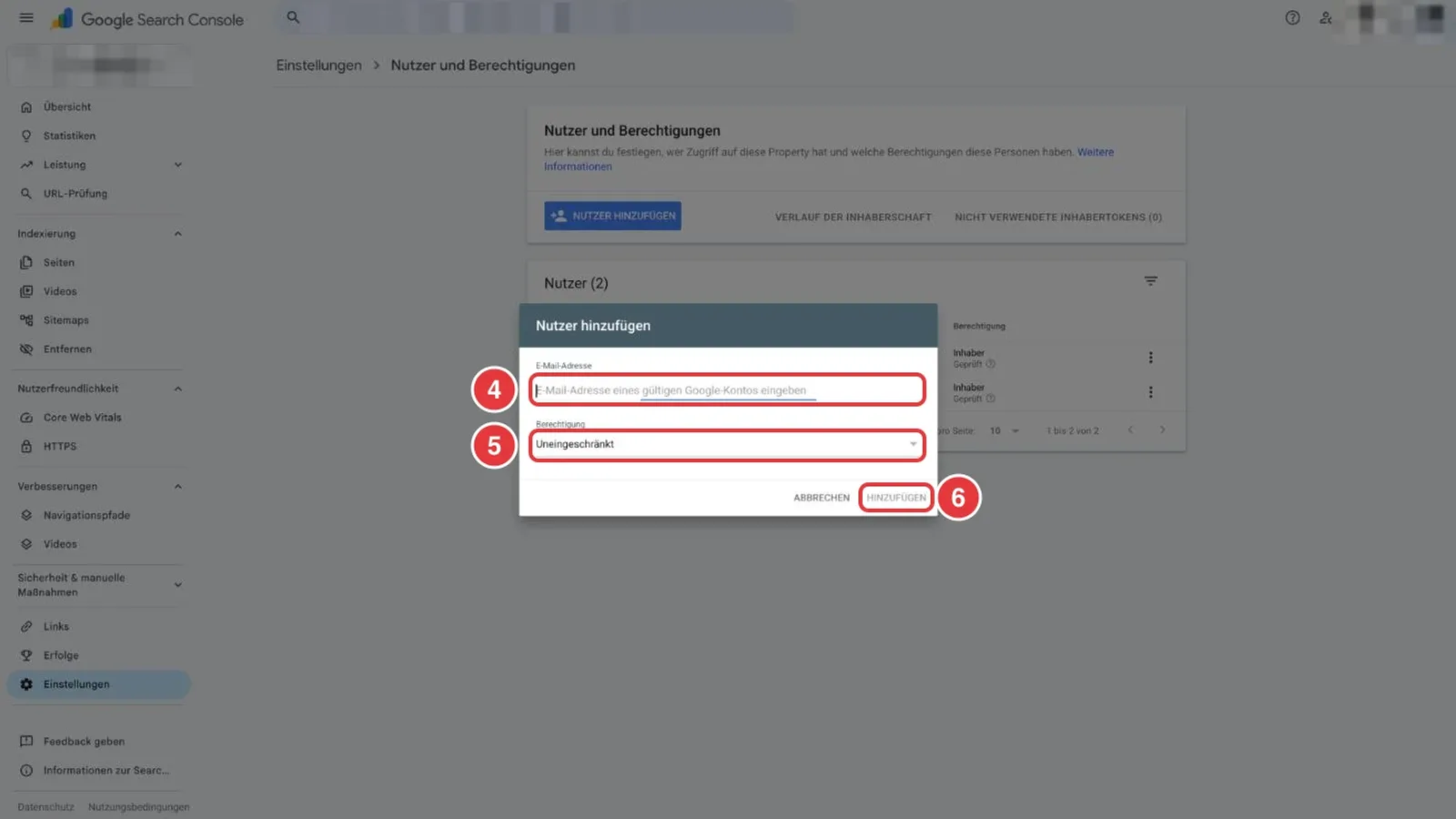 Fenster Nutzer hinzufügen in der Search Console mit E-Mail-Feld, Berechtigung und Button Hinzufügen