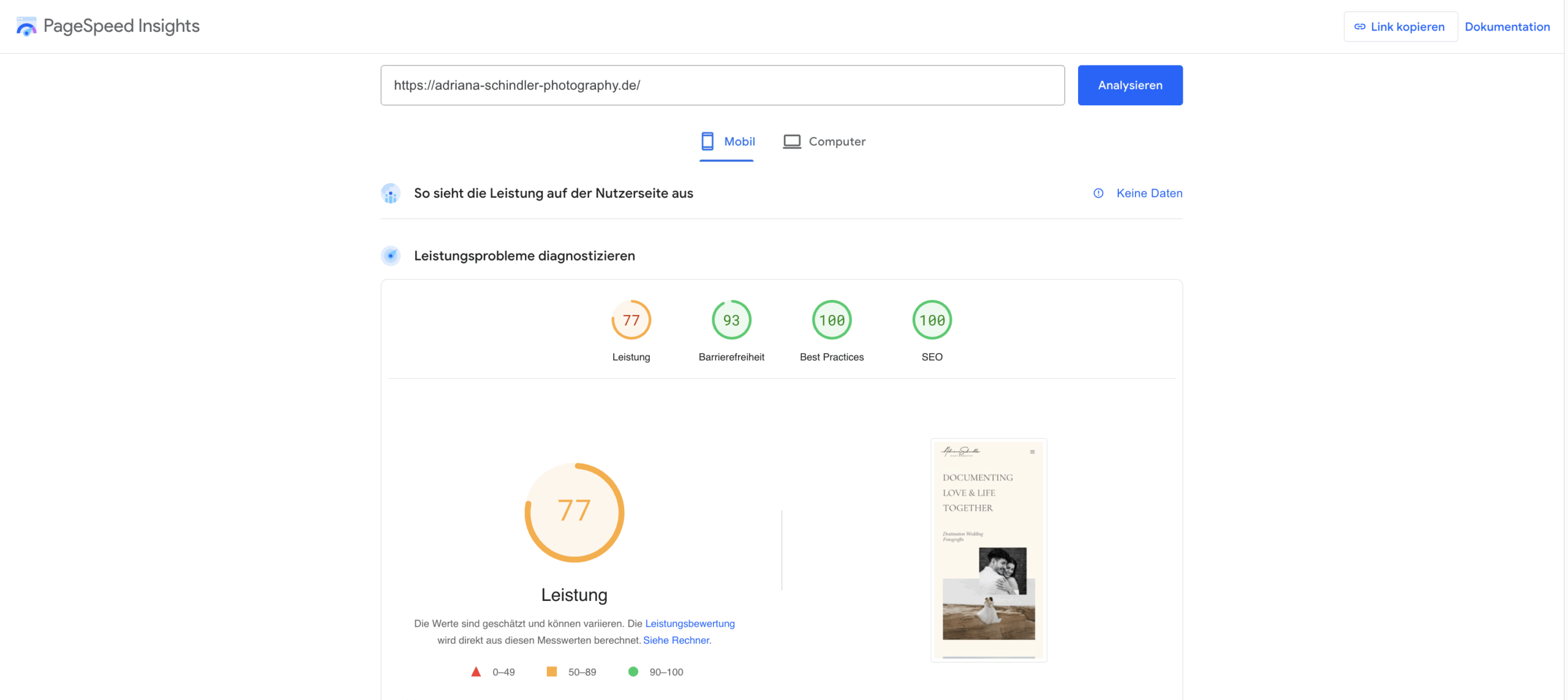 Sehr gute Seitenladezeit nach der Optimierung