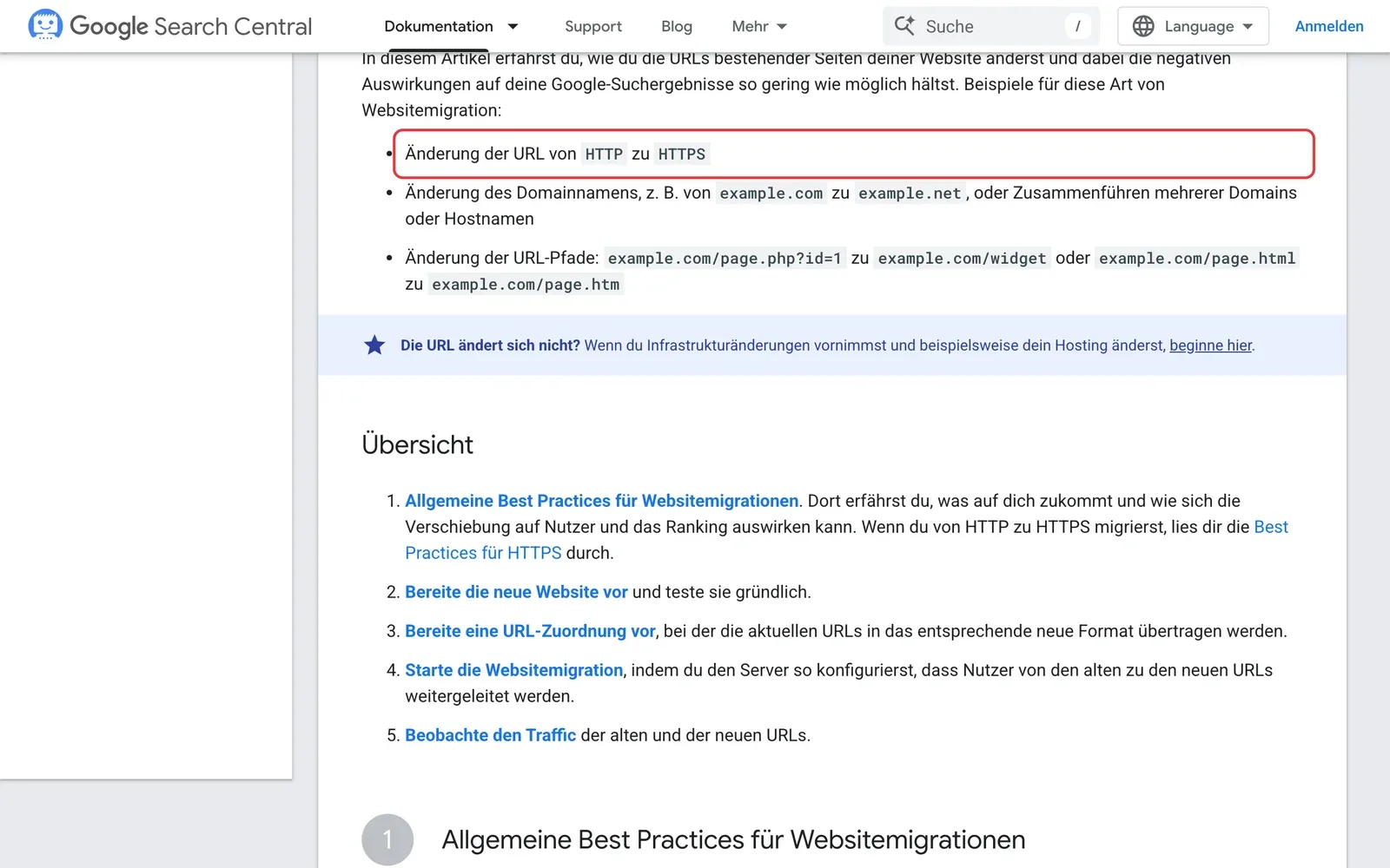 Google Search Central zum Website-Umzug mit URL-Änderungen: Das Beispiel „Änderung der URL von HTTP zu HTTPS“ ist rot umrahmt