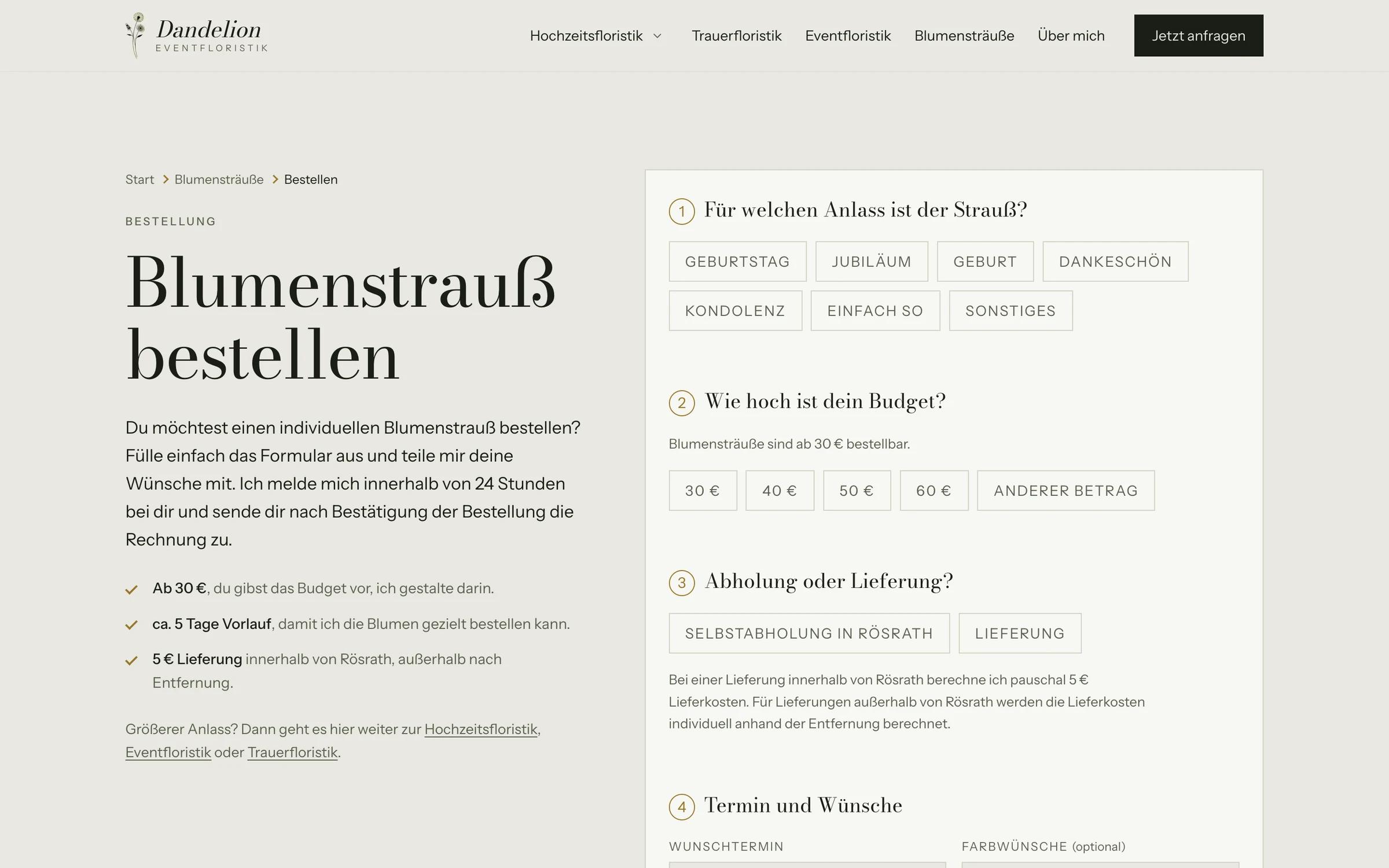Bestellformular für Blumensträuße mit Auswahl von Anlass und Budget