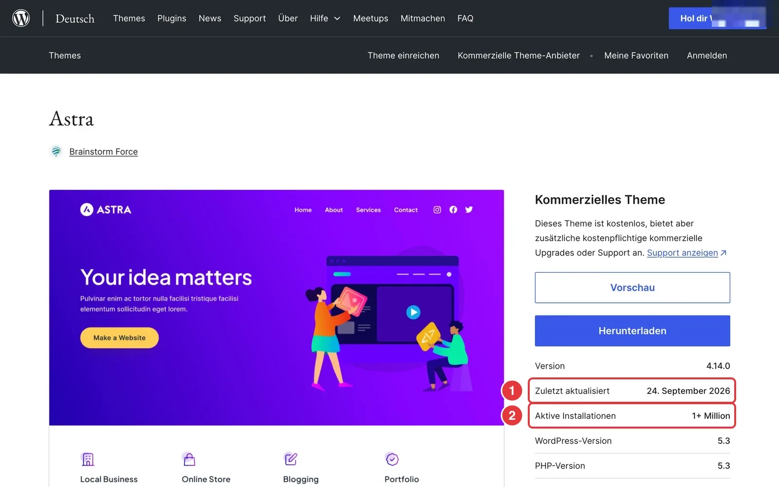 Astra im WordPress-Theme-Verzeichnis mit markiertem Datum des letzten Updates und der Zahl aktiver Installationen