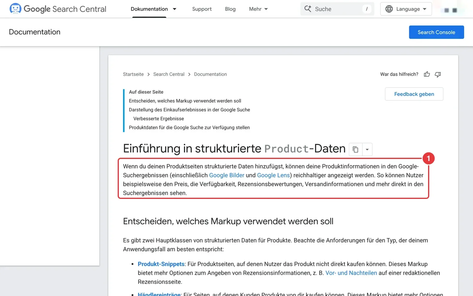 Google-Anleitung zu strukturierten Produktdaten mit markiertem Absatz zu Preis, Verfügbarkeit und Bewertungen