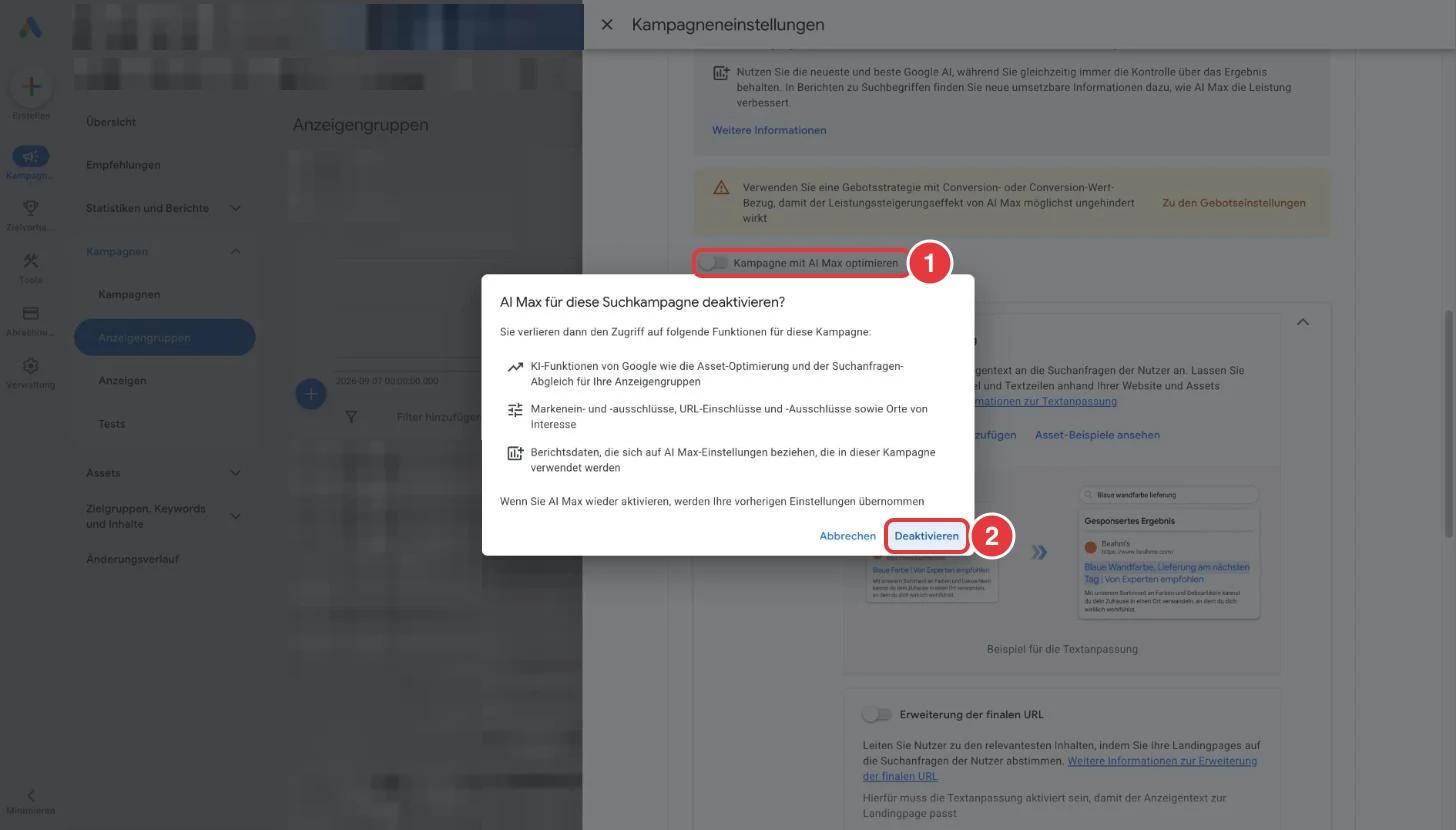 Google Ads Dialog AI Max für diese Suchkampagne deaktivieren mit Schalter und Button Deaktivieren, Kontodaten verpixelt