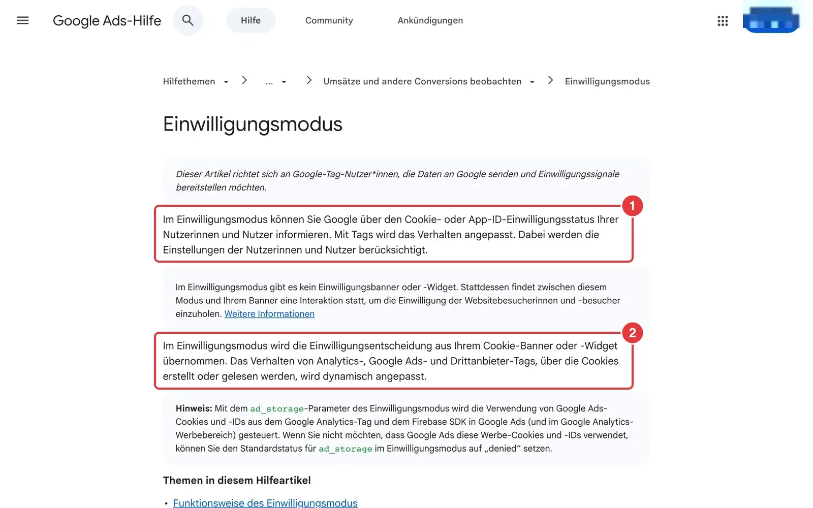 Google-Ads-Hilfe zum Einwilligungsmodus mit markierten Absätzen zum Einwilligungsstatus und zum Cookie-Banner