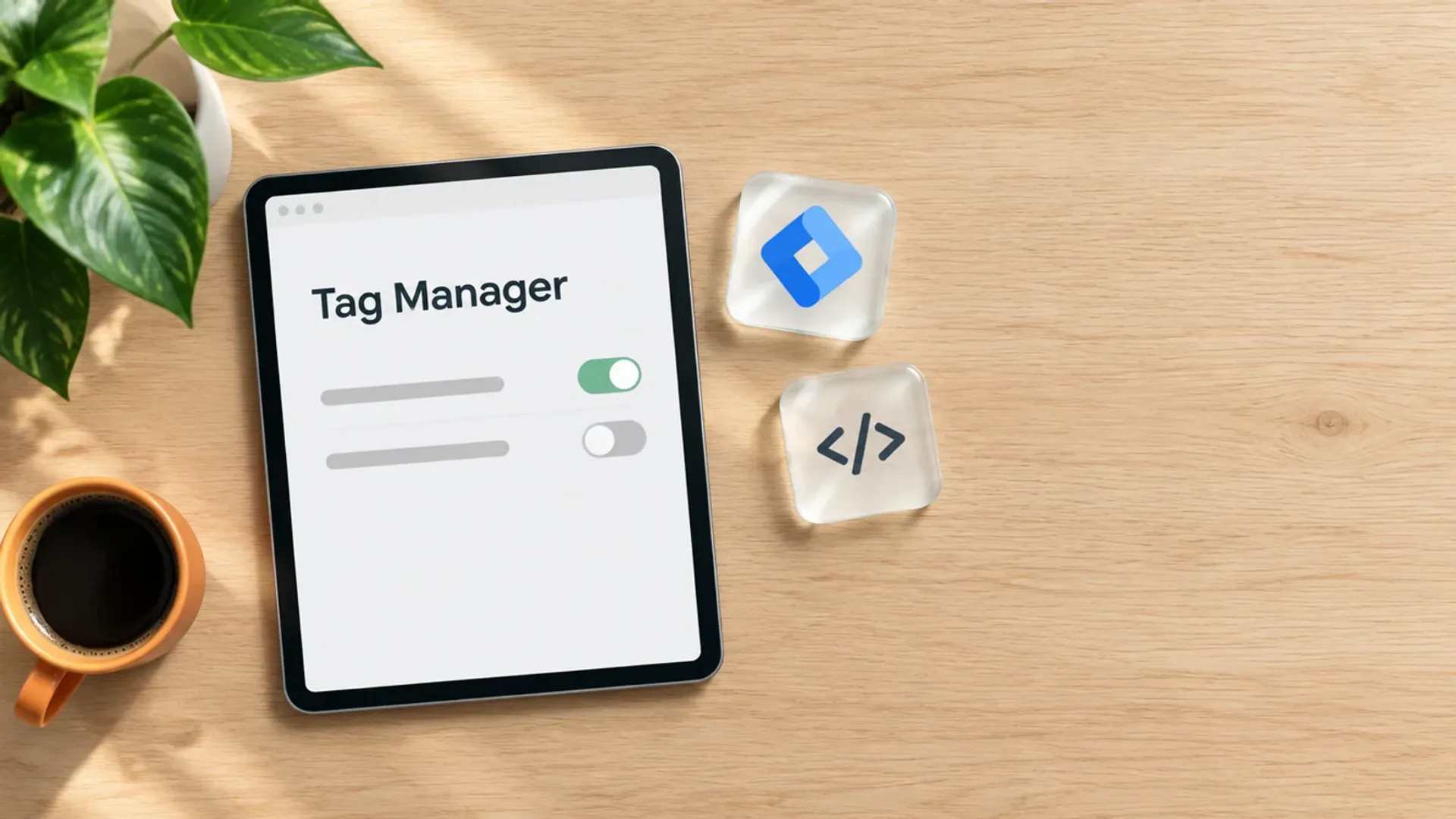 Tablet von oben auf einem Holztisch mit dem Schriftzug Tag Manager, daneben eine orange Tasse und Glaskarten mit Logo und Code-Symbol