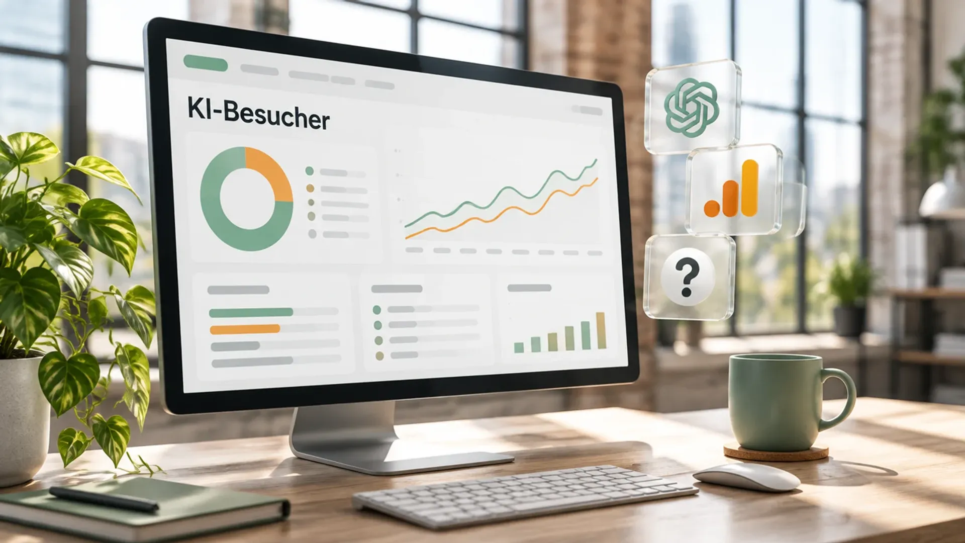 Monitor in einem hellen Loft mit einem Analyse-Dashboard und dem Wort KI-Besucher, daneben Glaskarten mit ChatGPT- und Google-Analytics-Logo