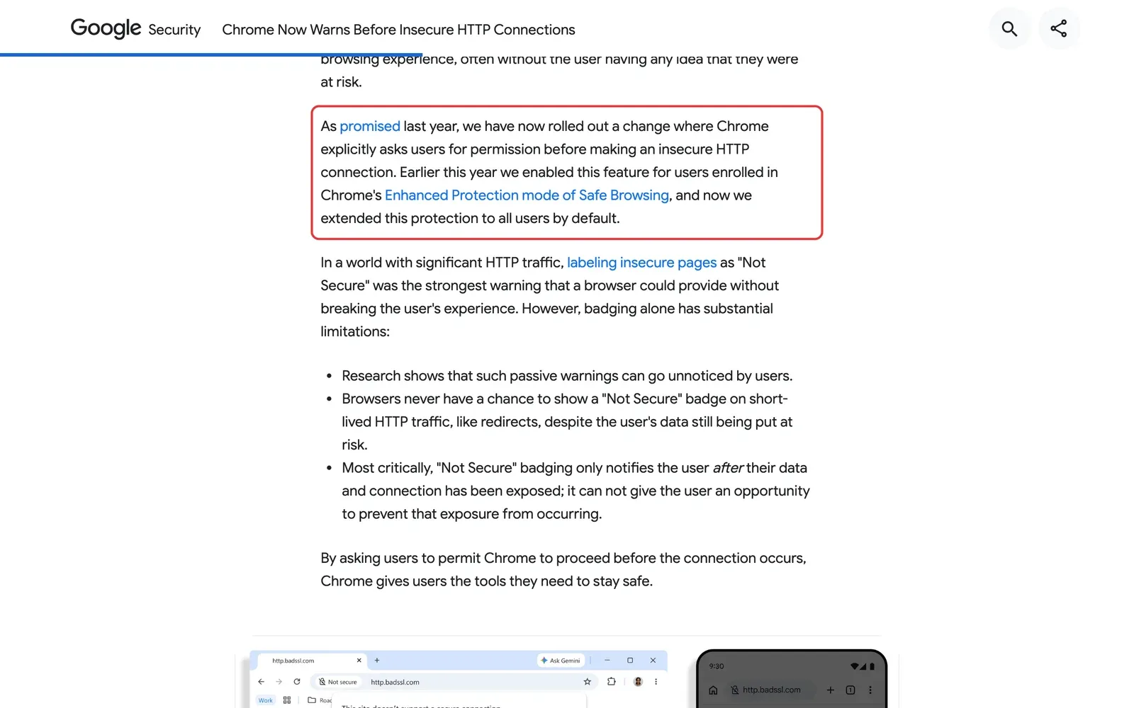 Google-Blog vom 21. Oktober 2026: Der Absatz, dass Chrome vor unsicheren HTTP-Verbindungen um Erlaubnis bittet und das nun für alle Nutzer standardmäßig gilt, ist rot umrahmt