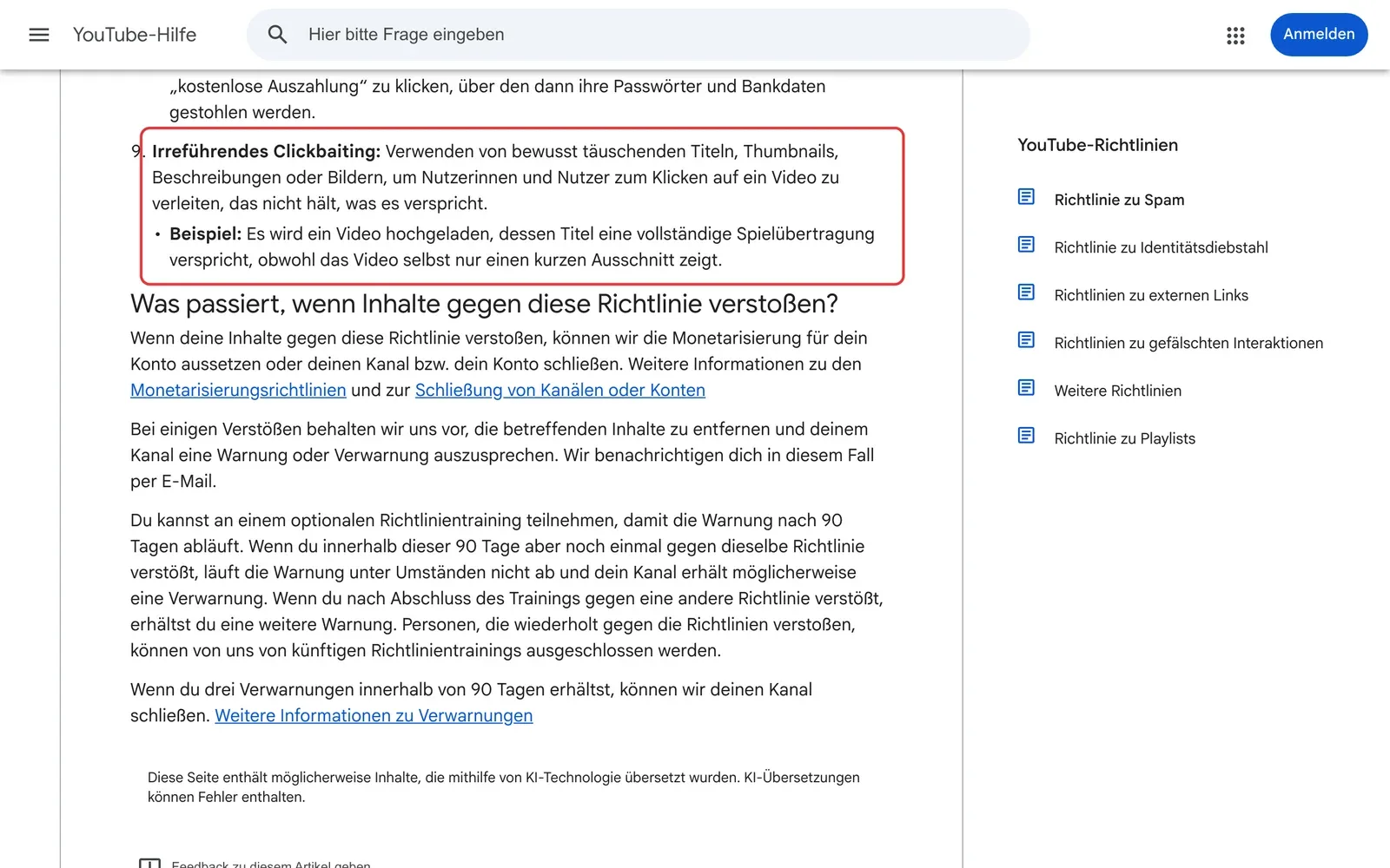 YouTube-Richtlinie zu Spam: Punkt 9 Irreführendes Clickbaiting mit dem Beispiel eines Videos, das eine vollständige Spielübertragung verspricht, ist rot umrahmt