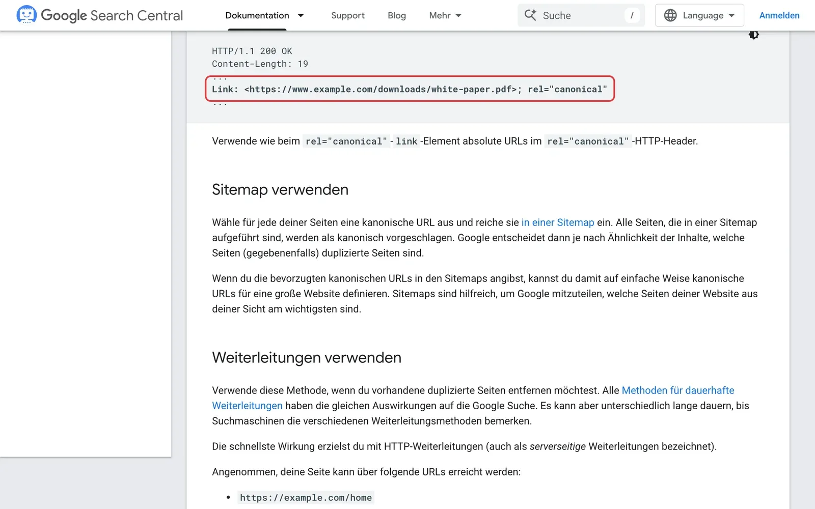 Google-Dokumentation mit einem Beispiel für den Link-Header mit rel canonical, die Zeile mit der PDF-Adresse ist rot umrahmt