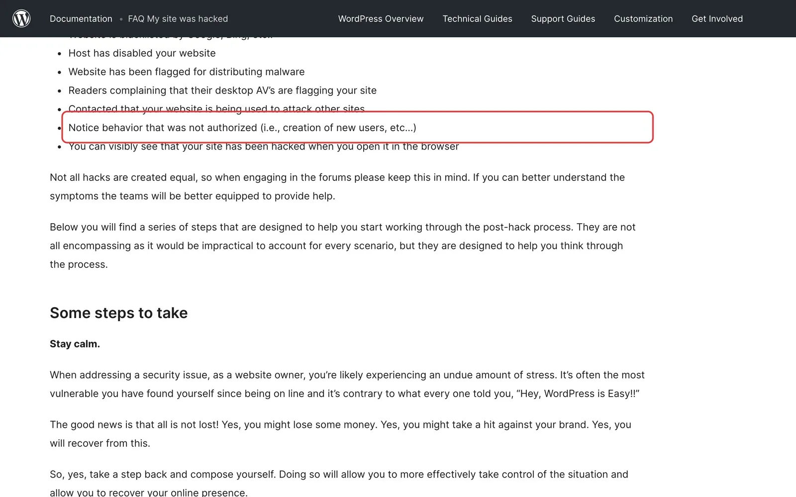 WordPress-Hilfeseite „FAQ My site was hacked“: Der Punkt, dass nicht genehmigte Aktionen wie neu angelegte Benutzer ein Zeichen für einen Angriff sind, ist rot umrahmt