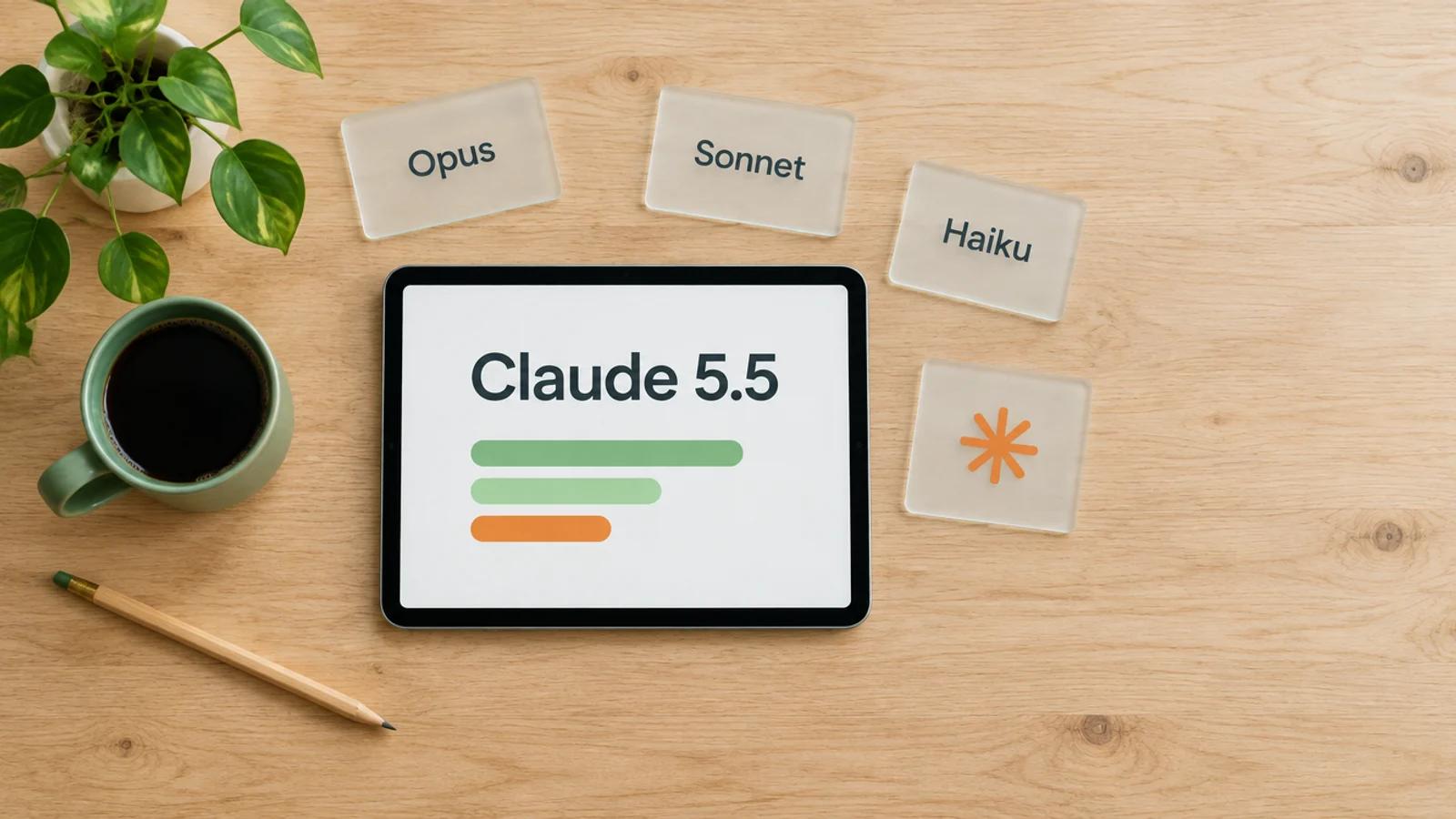 Tablet von oben auf einem Holztisch mit dem Schriftzug Claude 5.5, darum Glaskarten mit Opus, Sonnet, Haiku und einem orangen Stern