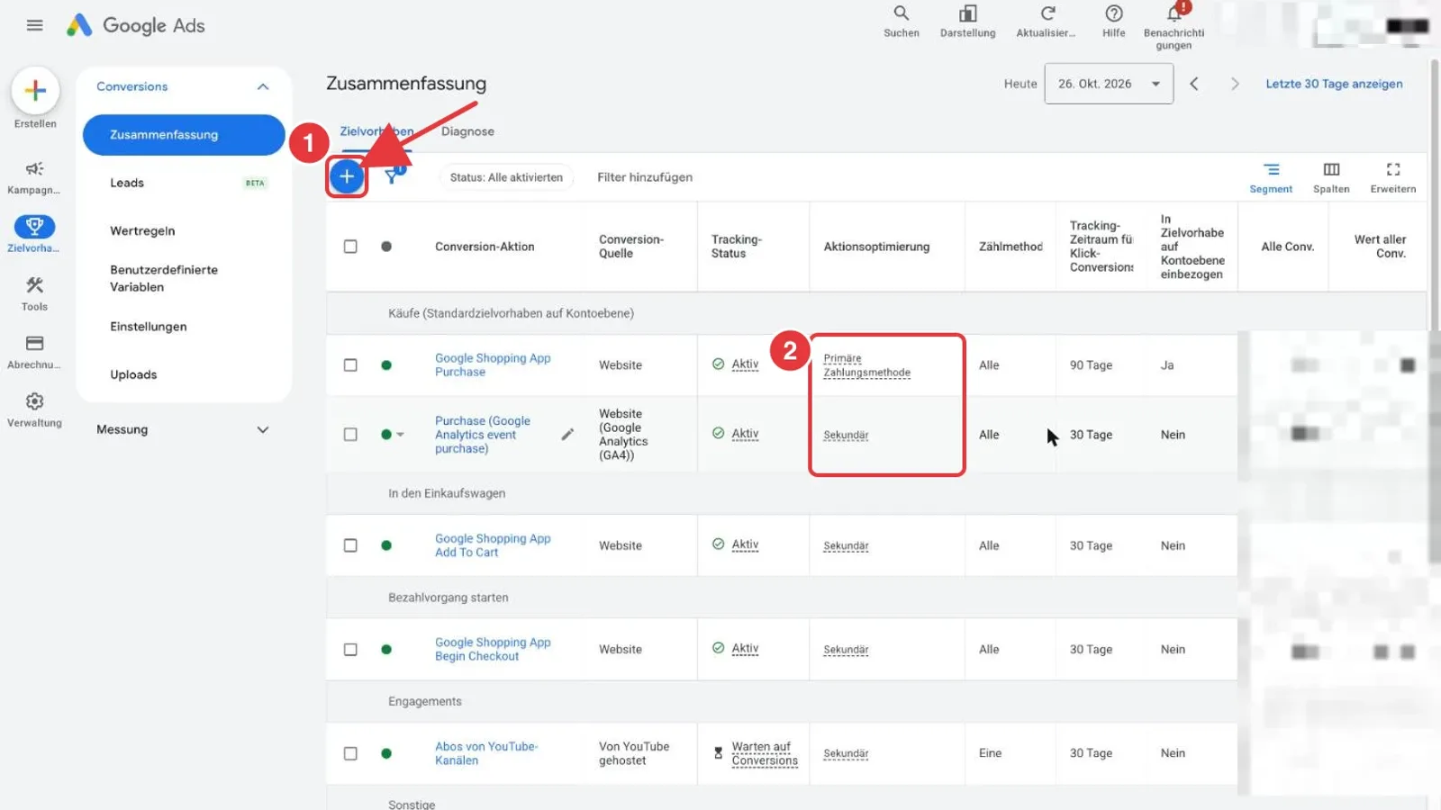 Google Ads Liste der Conversion-Aktionen: die Schaltfläche zum Hinzufügen und die Spalte Aktionsoptimierung mit Primär und Sekundär sind rot markiert