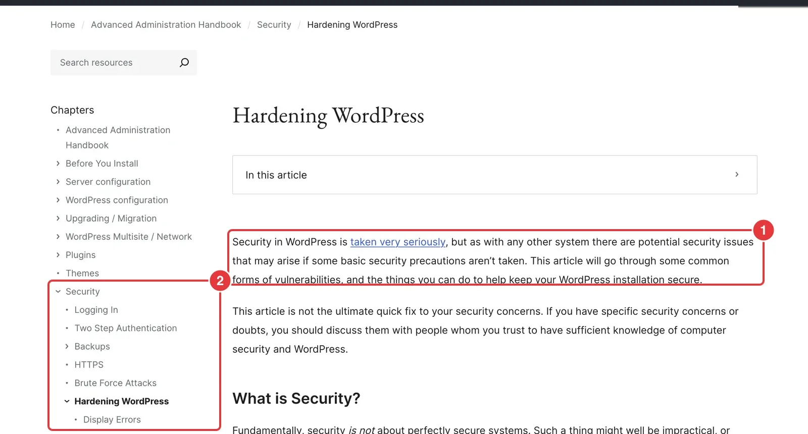 Anleitung Hardening WordPress mit markierter Einleitung und dem Kapitel Sicherheit mit Themen wie Login, Zwei-Faktor, Backups und HTTPS