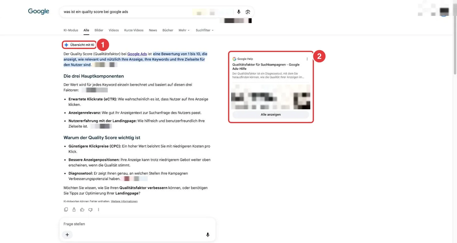 Google Suche mit Übersicht mit KI und Quellenliste rechts, fremde Namen verpixelt