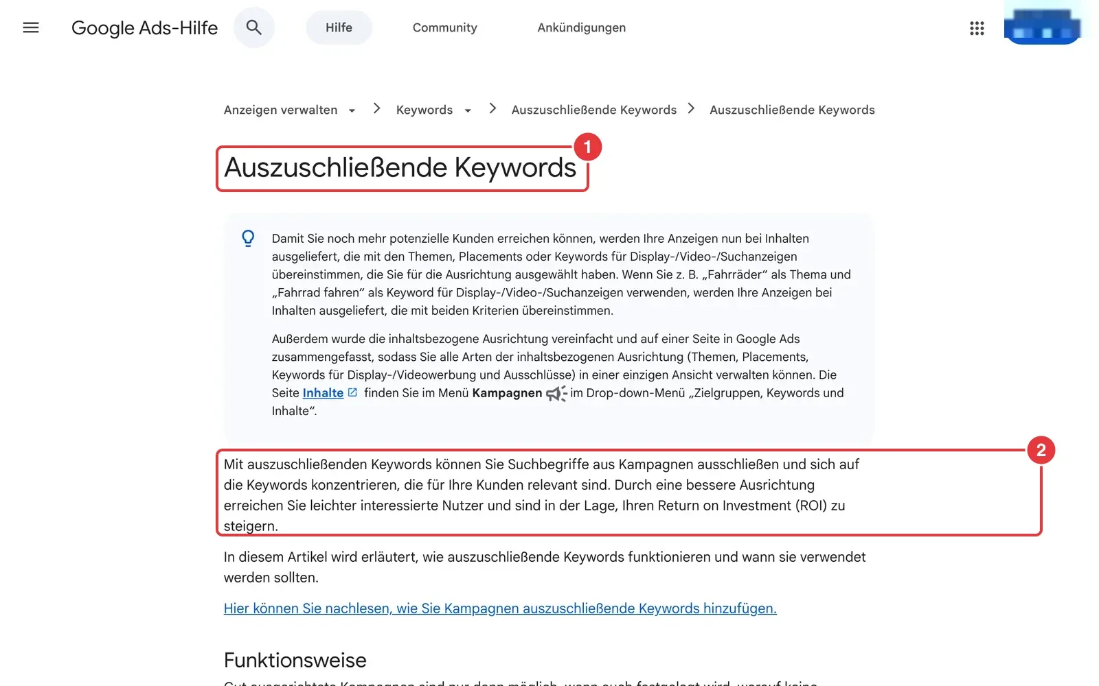 Google-Ads-Hilfe zu auszuschließenden Keywords mit markierter Überschrift und Erklärung