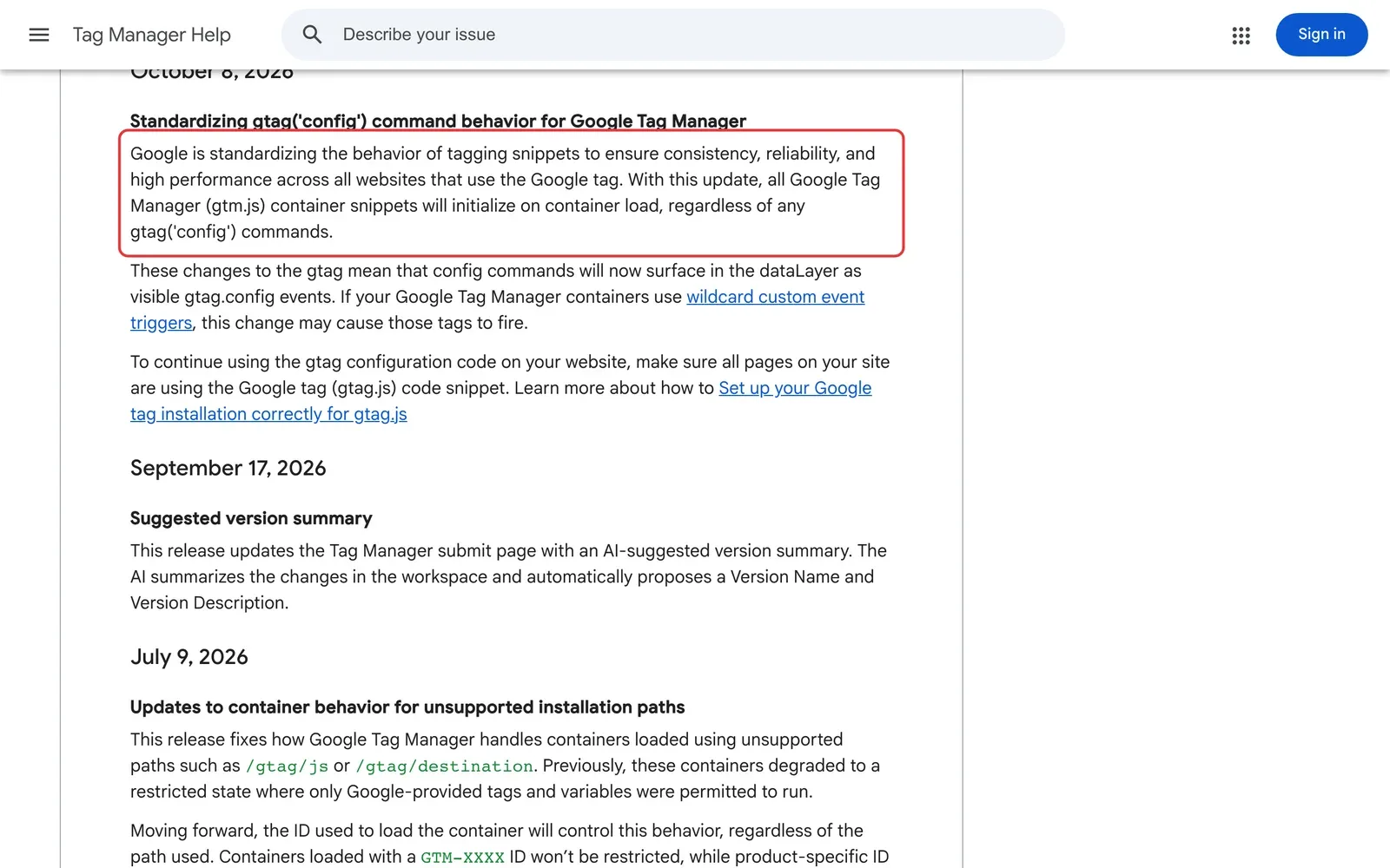 Versionshinweis des Google Tag Manager vom 8. Oktober 2026 zur Vereinheitlichung von gtag config