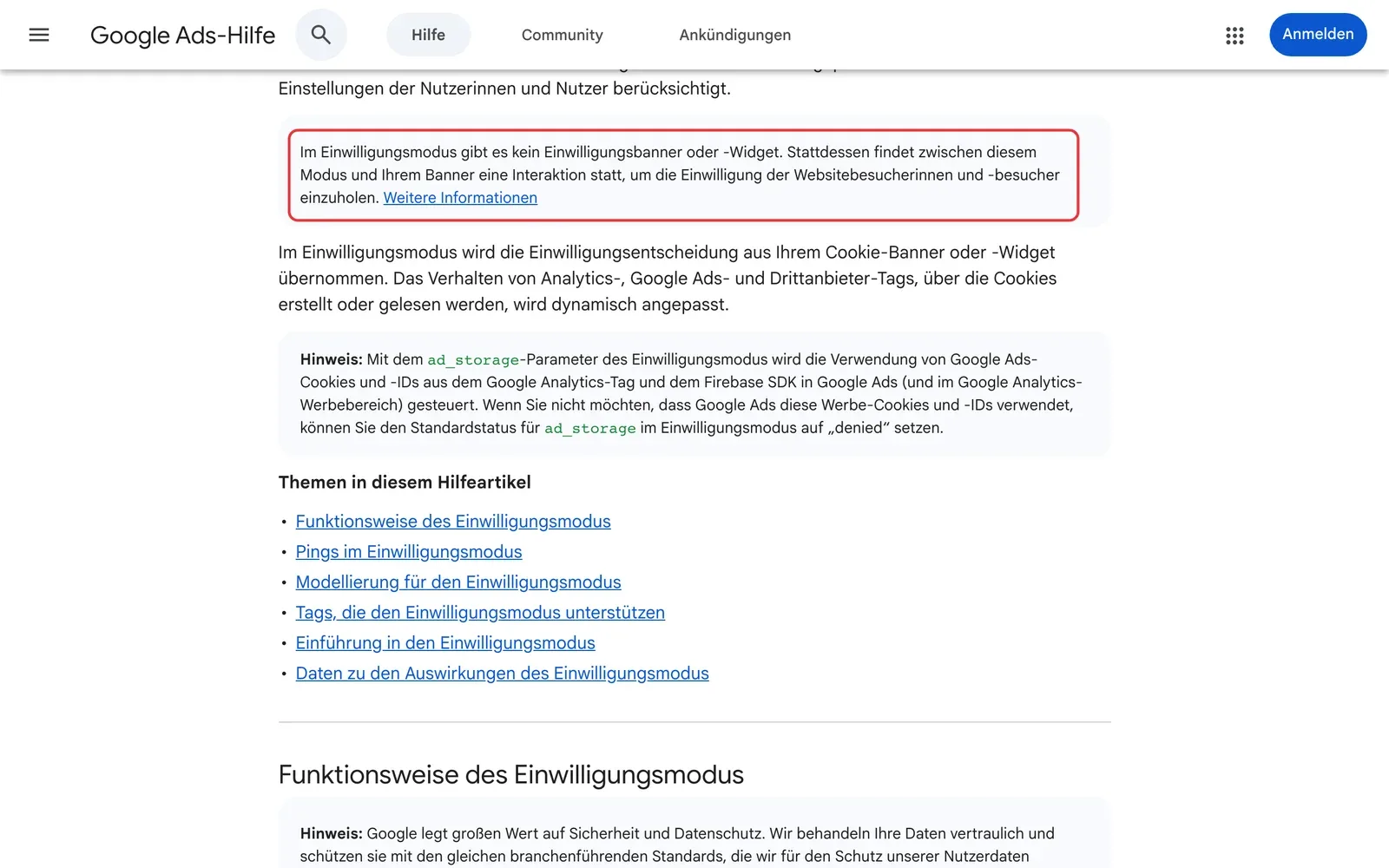 Google Ads-Hilfe Einwilligungsmodus: der Hinweis, dass es im Einwilligungsmodus kein Einwilligungsbanner gibt und der Modus stattdessen mit dem eigenen Banner zusammenarbeitet, ist rot umrahmt
