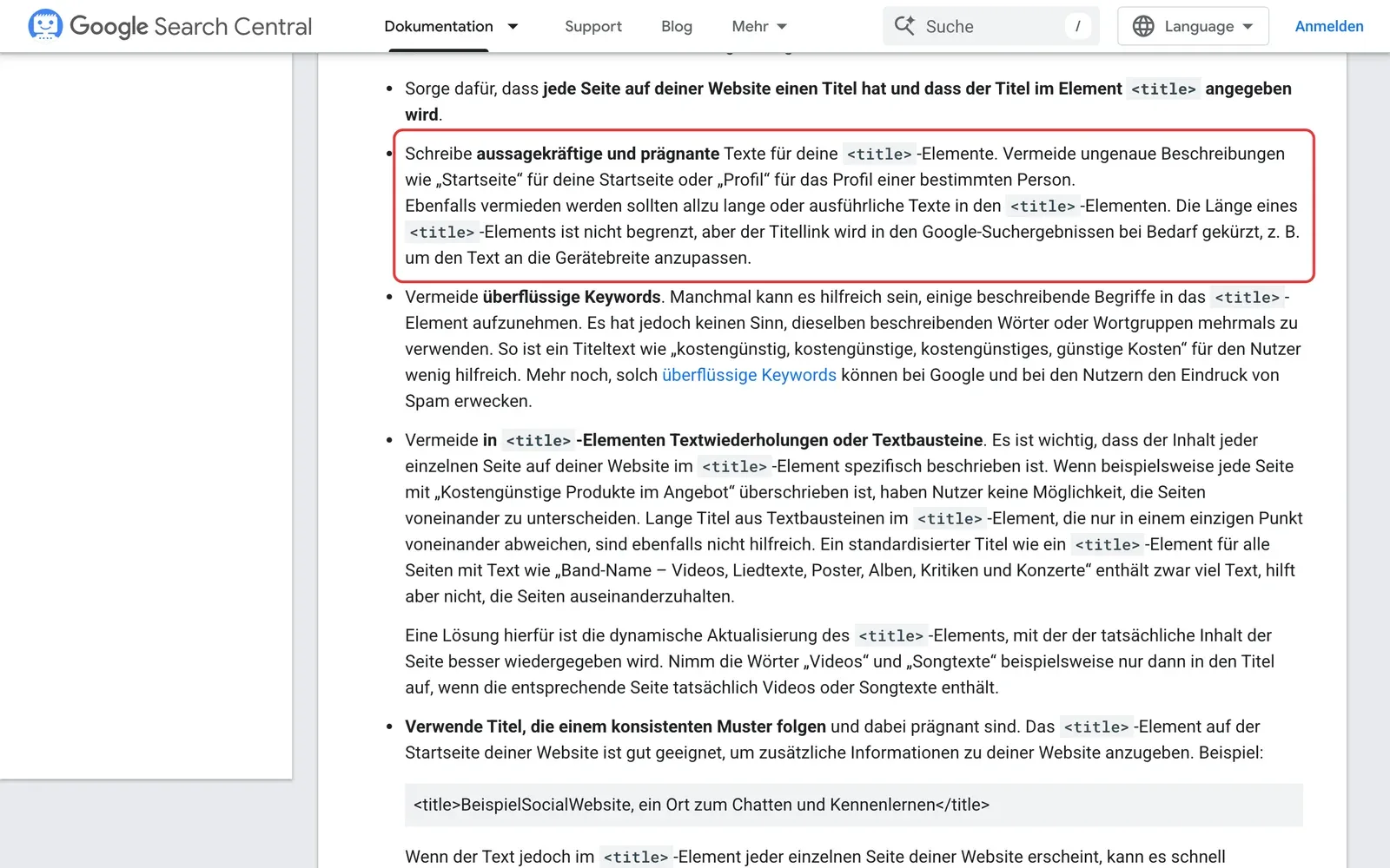 Google Search Central, Titellinks: der Absatz, dass Title-Elemente aussagekräftig und prägnant sein sollen und ihre Länge nicht begrenzt ist, der Titellink aber bei Bedarf gekürzt wird, ist rot umrahmt