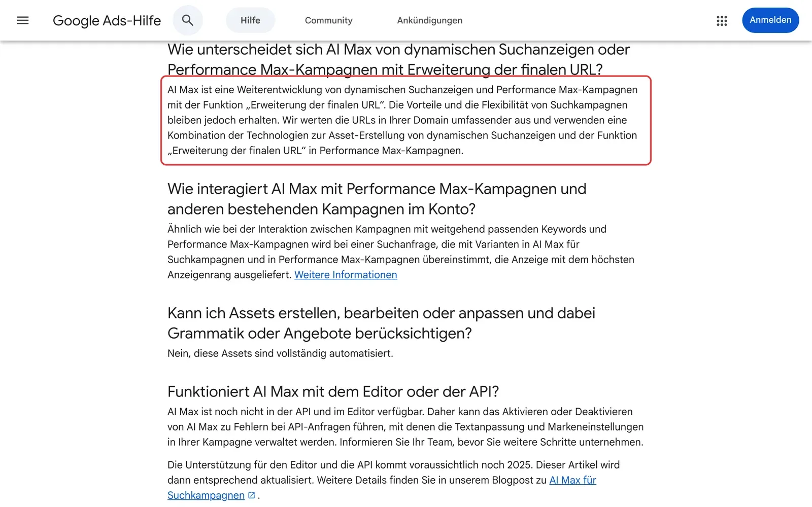 Google Ads-Hilfe: Seite mit häufig gestellten Fragen zu AI Max für Suchkampagnen