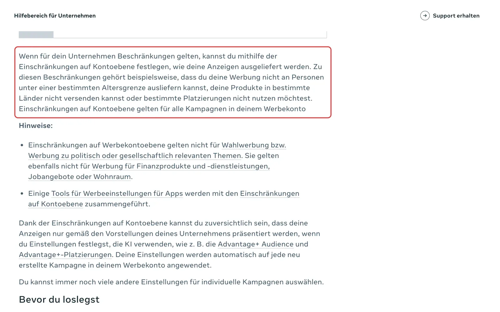 Meta-Hilfebereich: Einschränkungen auf Kontoebene für Altersgrenzen, Länder und Platzierungen gelten für alle Kampagnen