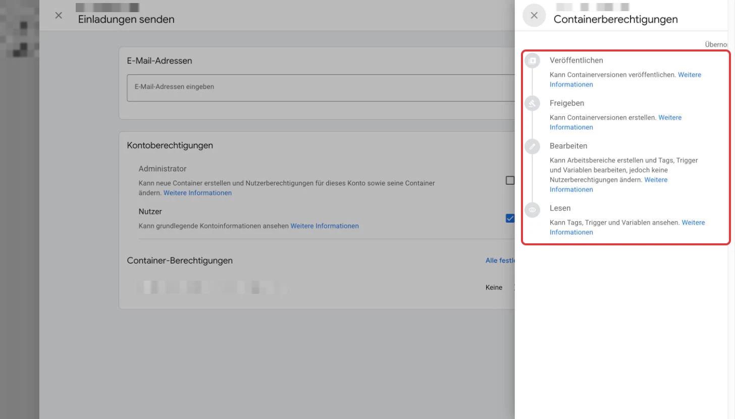 Auswahl der Containerberechtigungen im Google Tag Manager: Veröffentlichen, Freigeben, Bearbeiten, Lesen