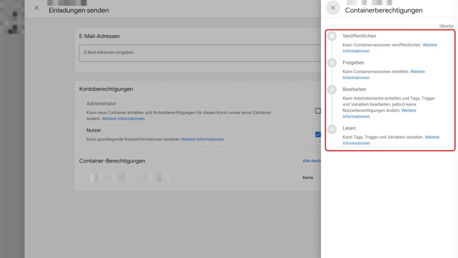 Auswahl der Containerberechtigungen im Google Tag Manager: Veröffentlichen, Freigeben, Bearbeiten, Lesen