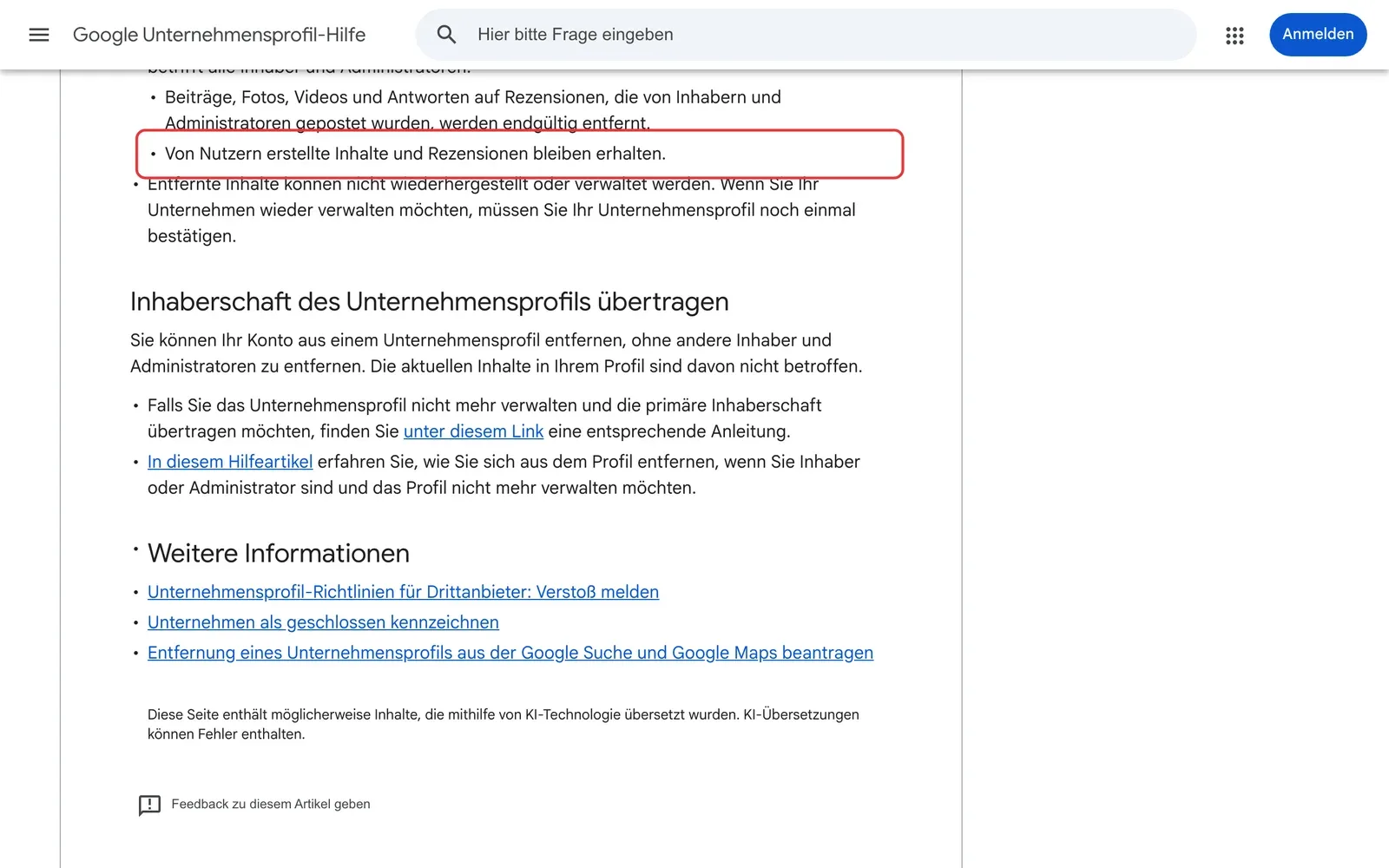 Google Unternehmensprofil-Hilfe zum Entfernen eines Profils: der Punkt „Von Nutzern erstellte Inhalte und Rezensionen bleiben erhalten“ ist rot umrahmt